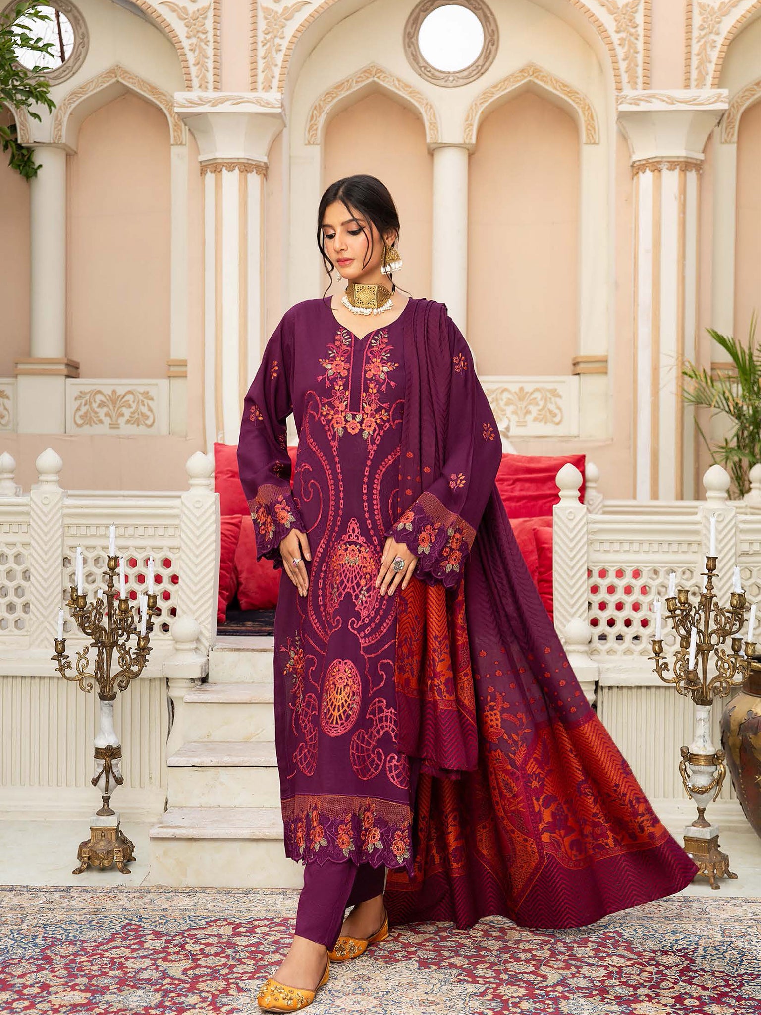 Swiss Wool "Husan-e-Jahan" by Khoobsurat Pakistani suit front view M&M Couture USA