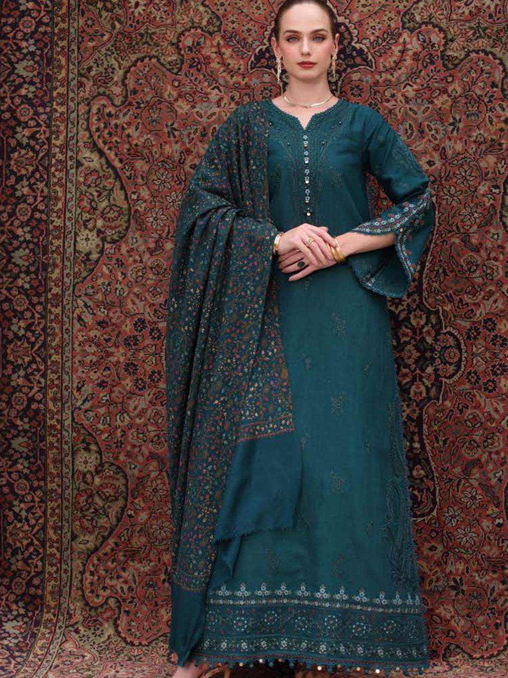 Noor Winter Pashmina by Saadia Asad Pakistani suit front view M&M Couture USA