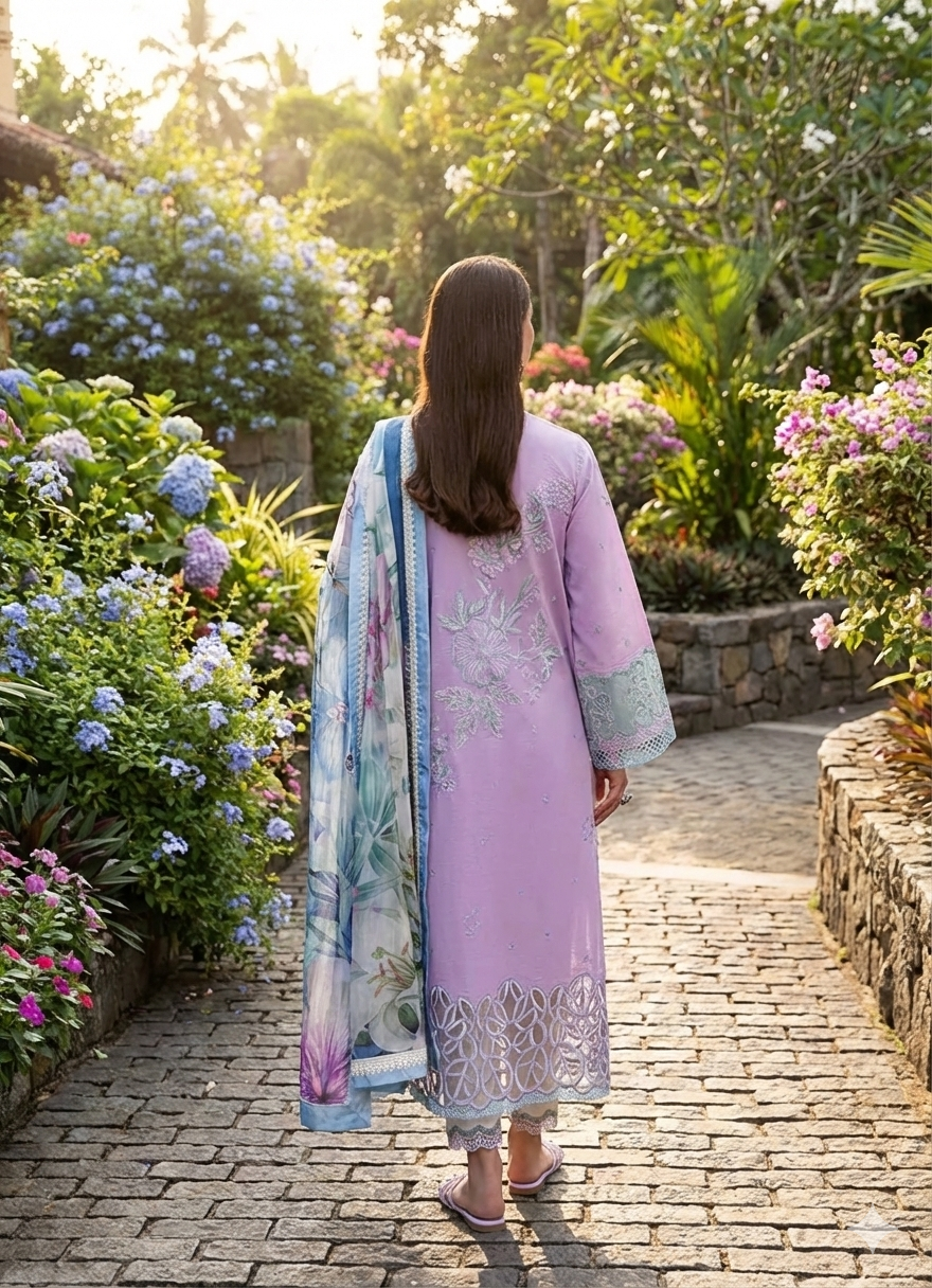 Manaram by Mushq Embroidered Lawn Suit lawn Pakistani suit detail view M&M Couture USA