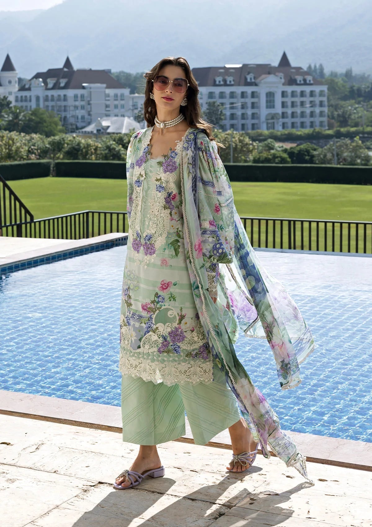 Eveline Whisper - Digital printed lawn By Elaf lawn Pakistani suit dupatta view M&M Couture USA