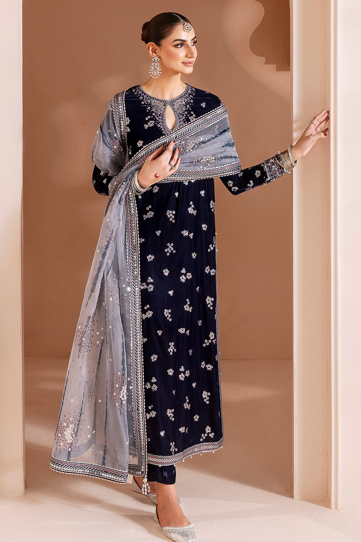 Embroidered Velvet Formal By Jazmin velvet Pakistani suit front view M&M Couture USA