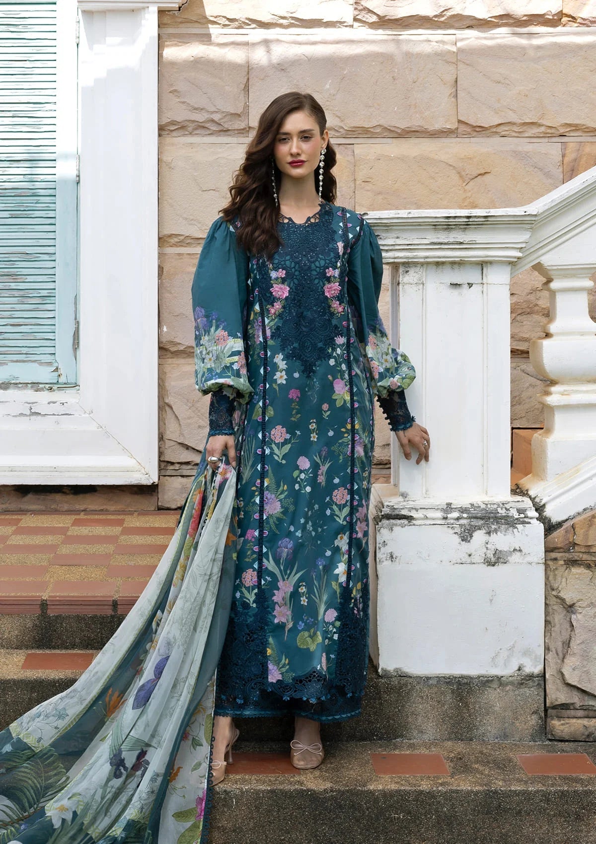 Oceana Veil - Digital printed lawn By Elaf lawn Pakistani suit front view M&M Couture USA