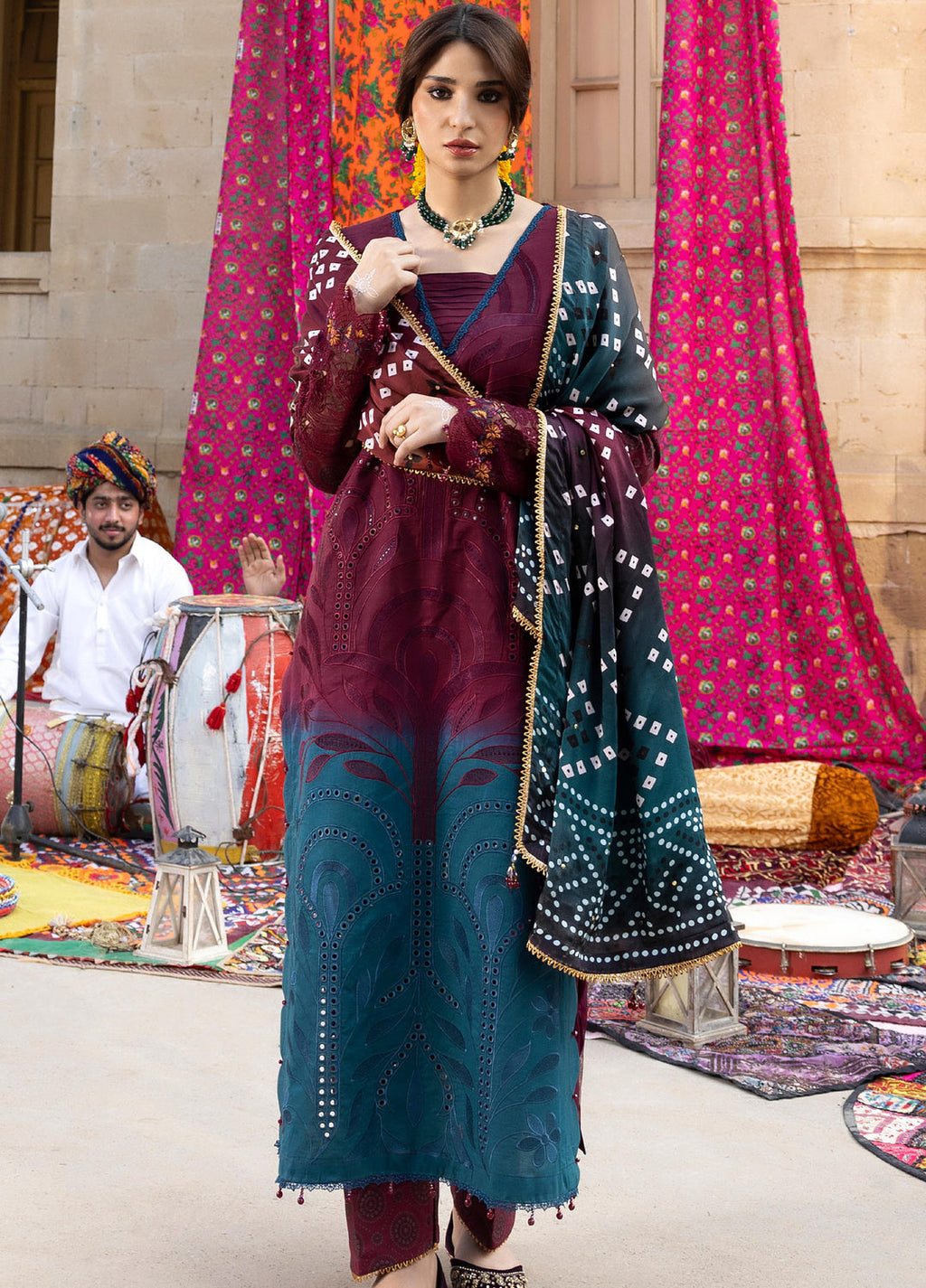 Bandhani by Al Zohaib Pakistani suit front view M&M Couture USA