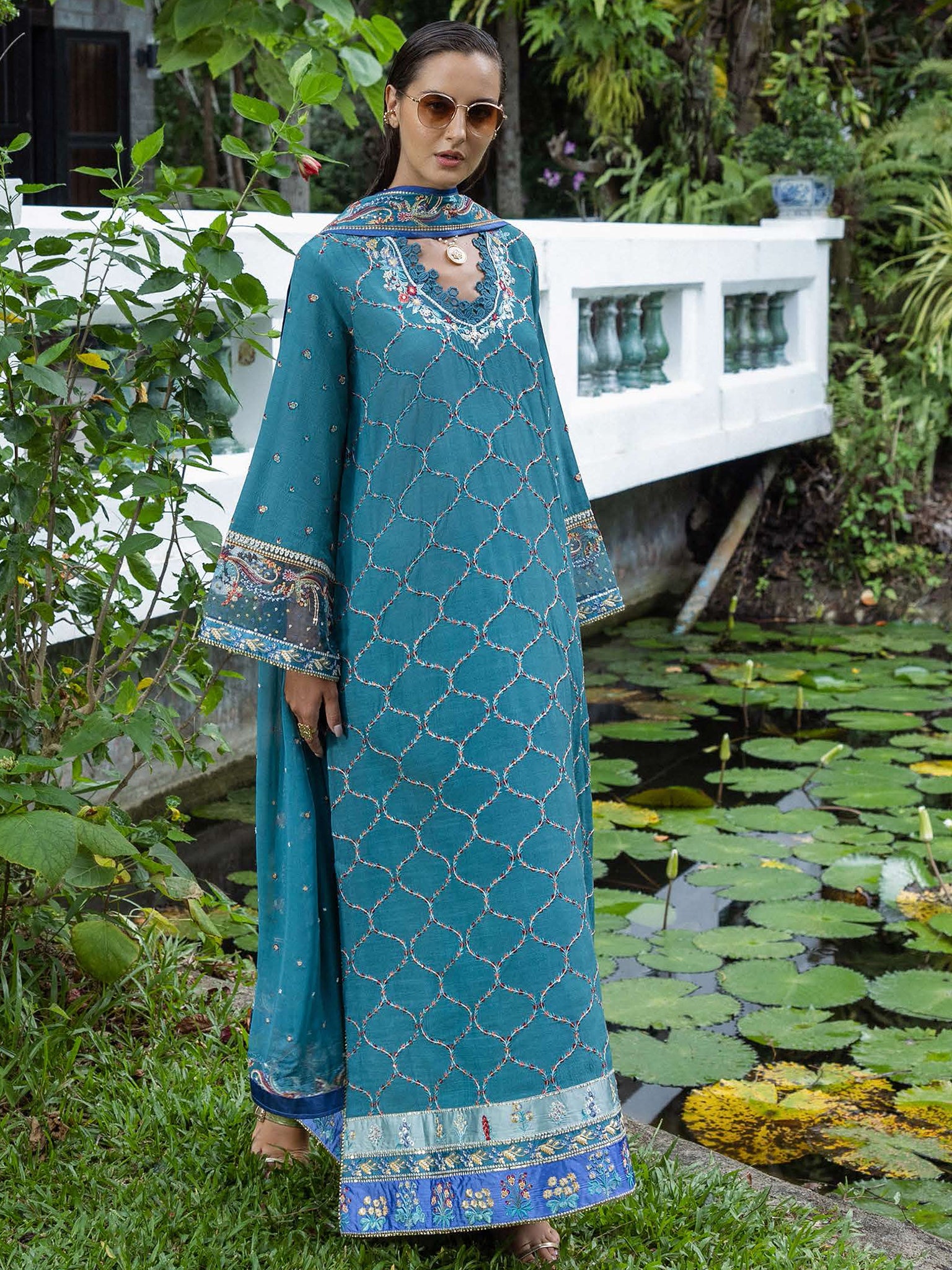 Silk "Nuvera" by Mushq silk Pakistani suit front view M&M Couture USA