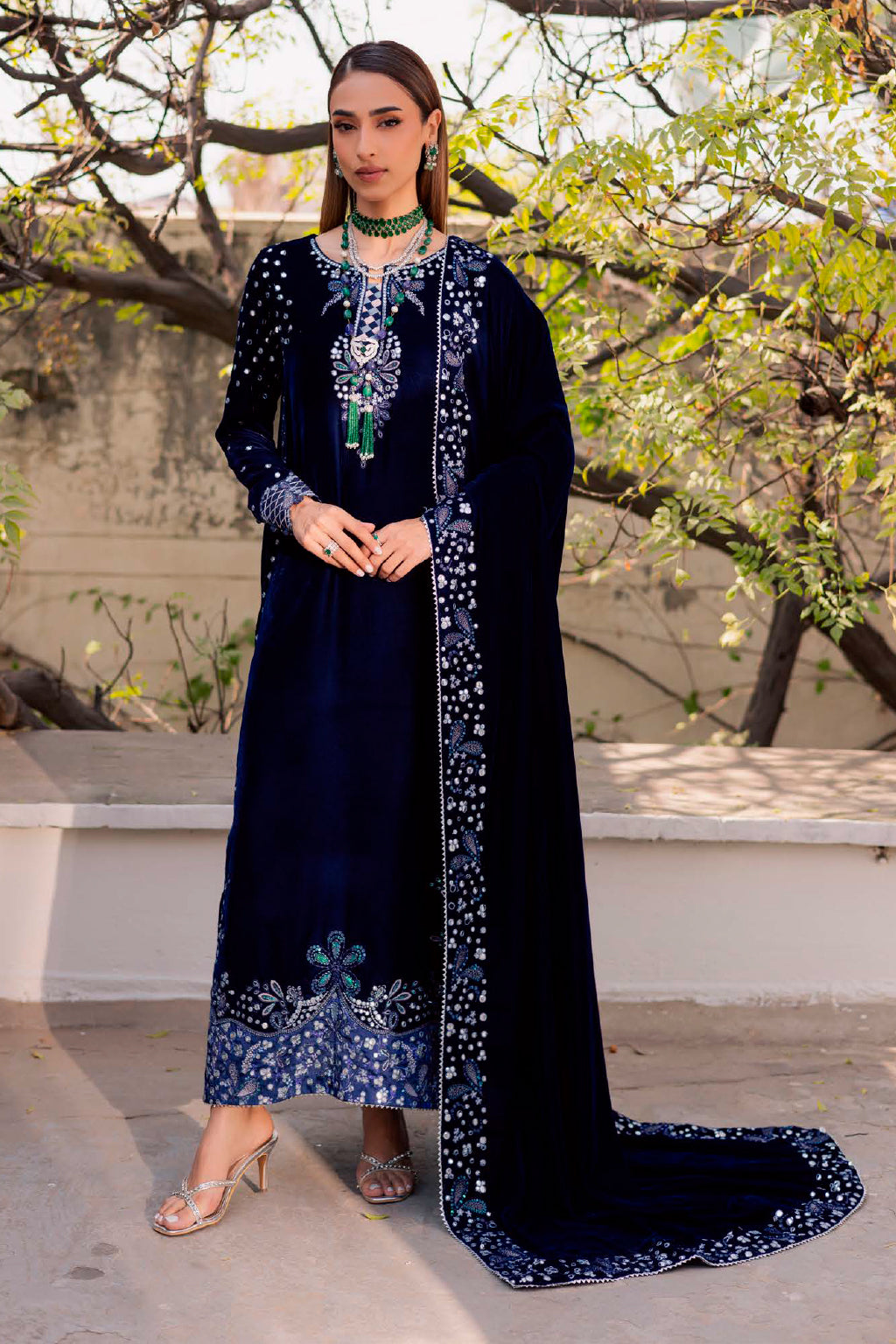 Maya Velvet By Nureh -MV 105 velvet Pakistani suit front view M&M Couture USA