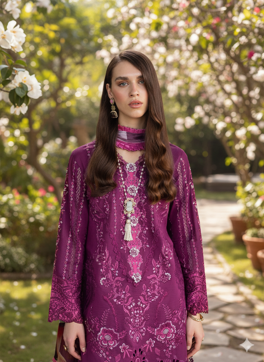 Manaram by Mushq Embroidered Lawn Suit lawn Pakistani suit detail view M&M Couture USA