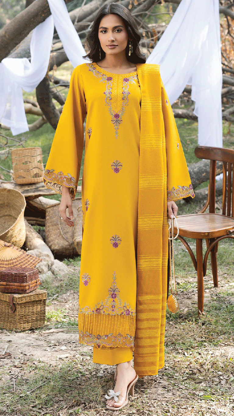 Winter Sunshine By Sanam Saeed Pakistani suit front view M&M Couture USA