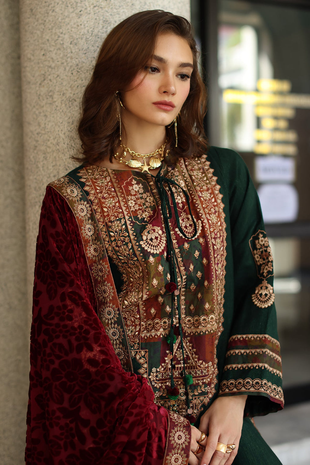 Poshima Embroidered  By Charizma Pakistani suit detail view M&M Couture USA