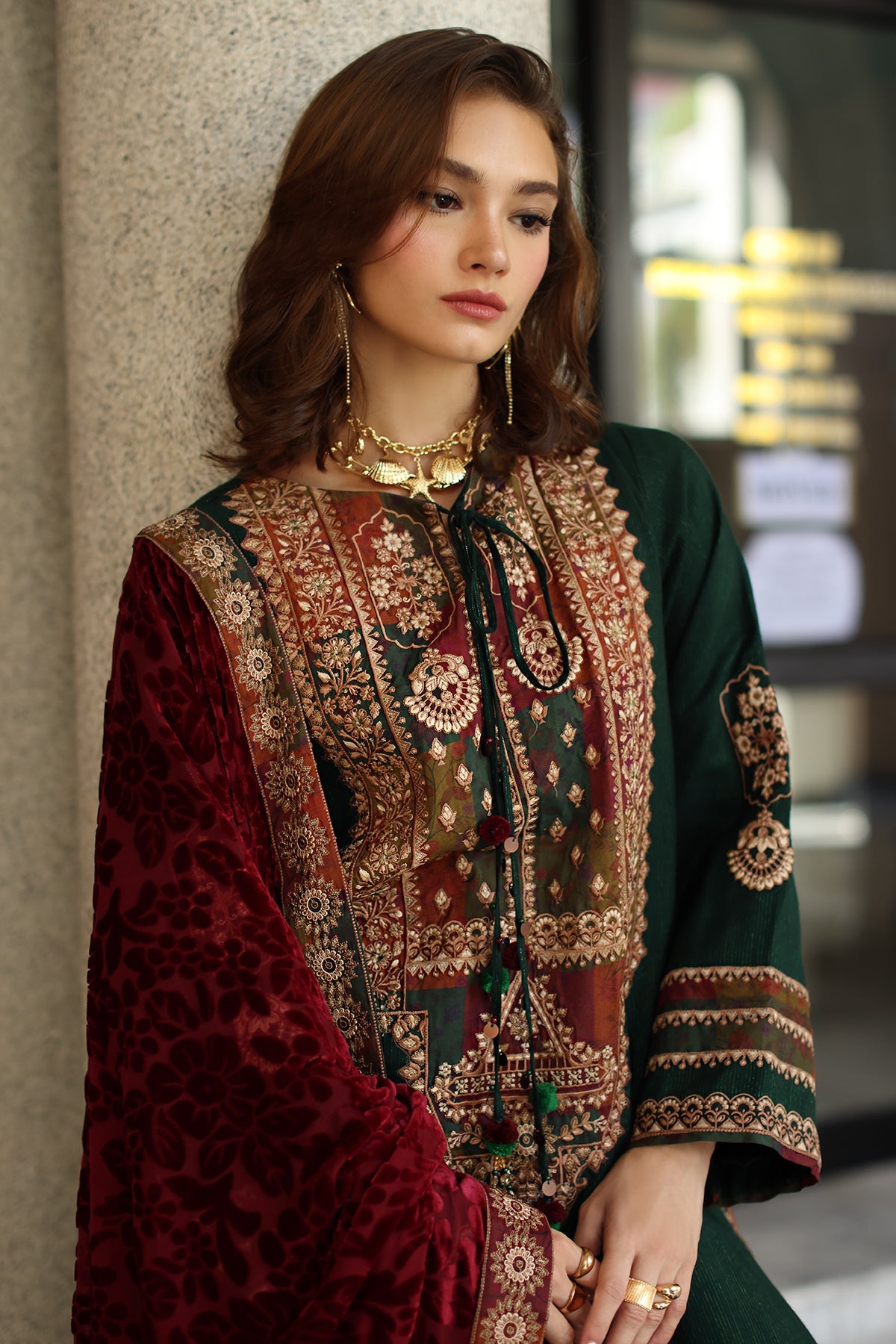 Poshima Embroidered  By Charizma Pakistani suit detail view M&M Couture USA