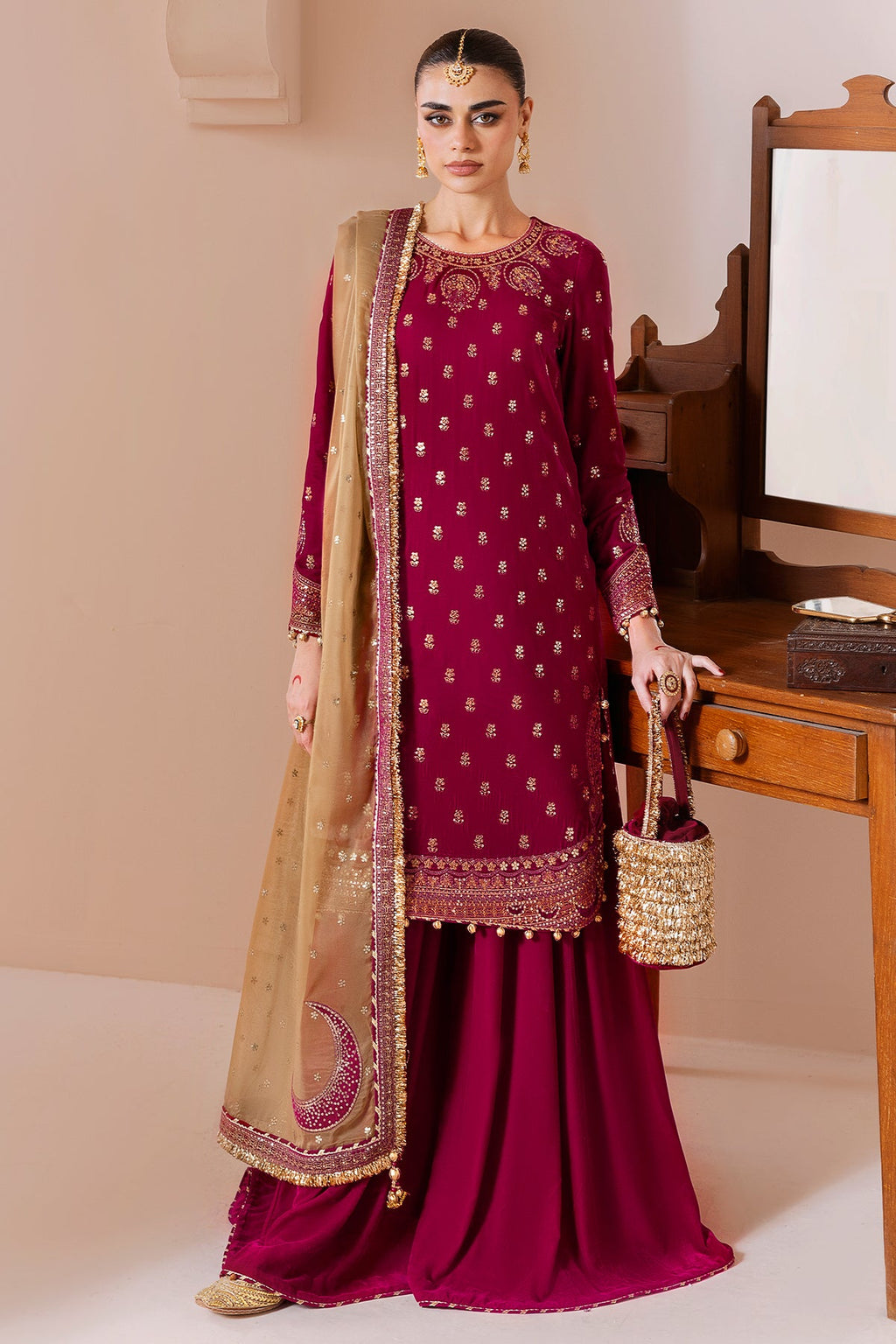 Embroidered Velvet Formal By Jazmin velvet Pakistani suit front view M&M Couture USA