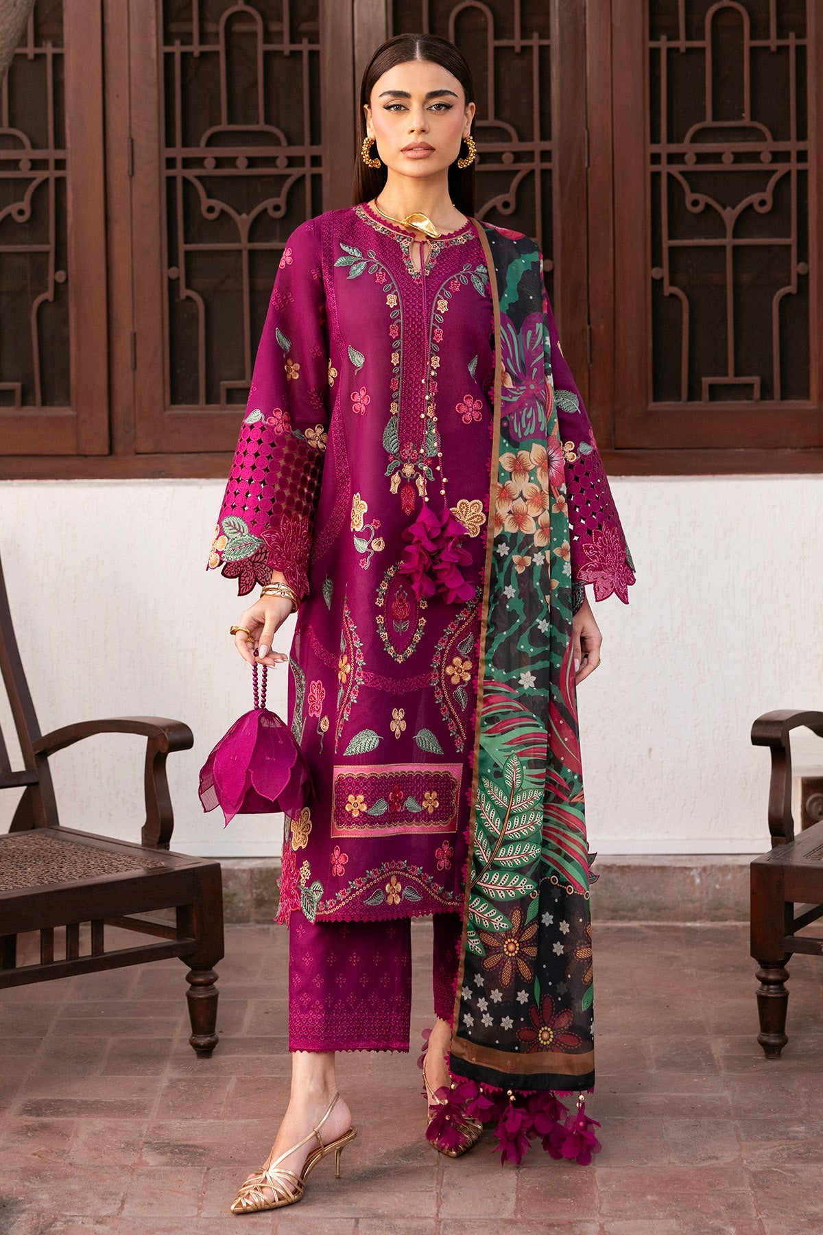 Embroidered Luxury Lawn By Jazmin lawn Pakistani suit front view M&M Couture USA