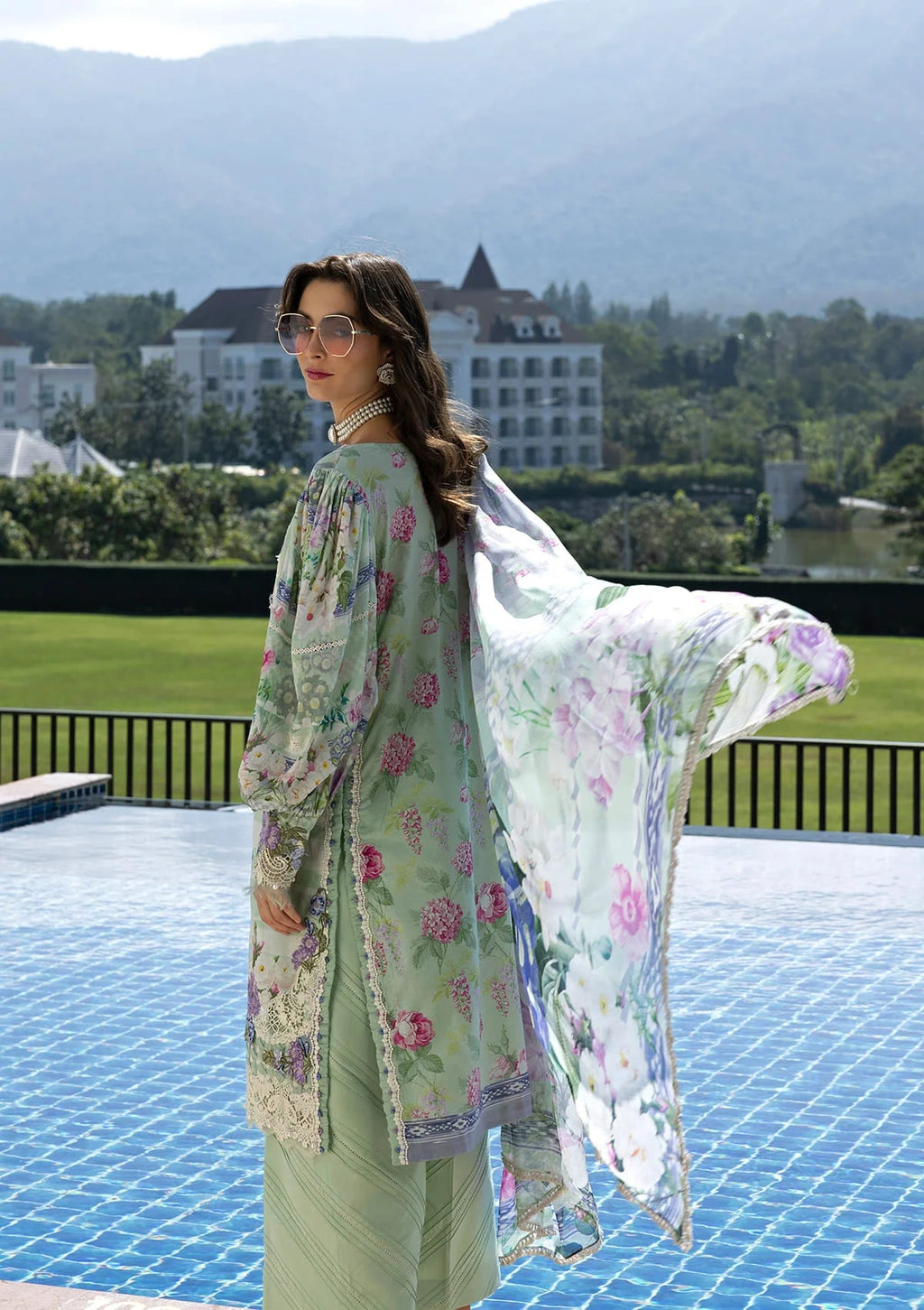 Eveline Whisper - Digital printed lawn By Elaf lawn Pakistani suit front view M&M Couture USA