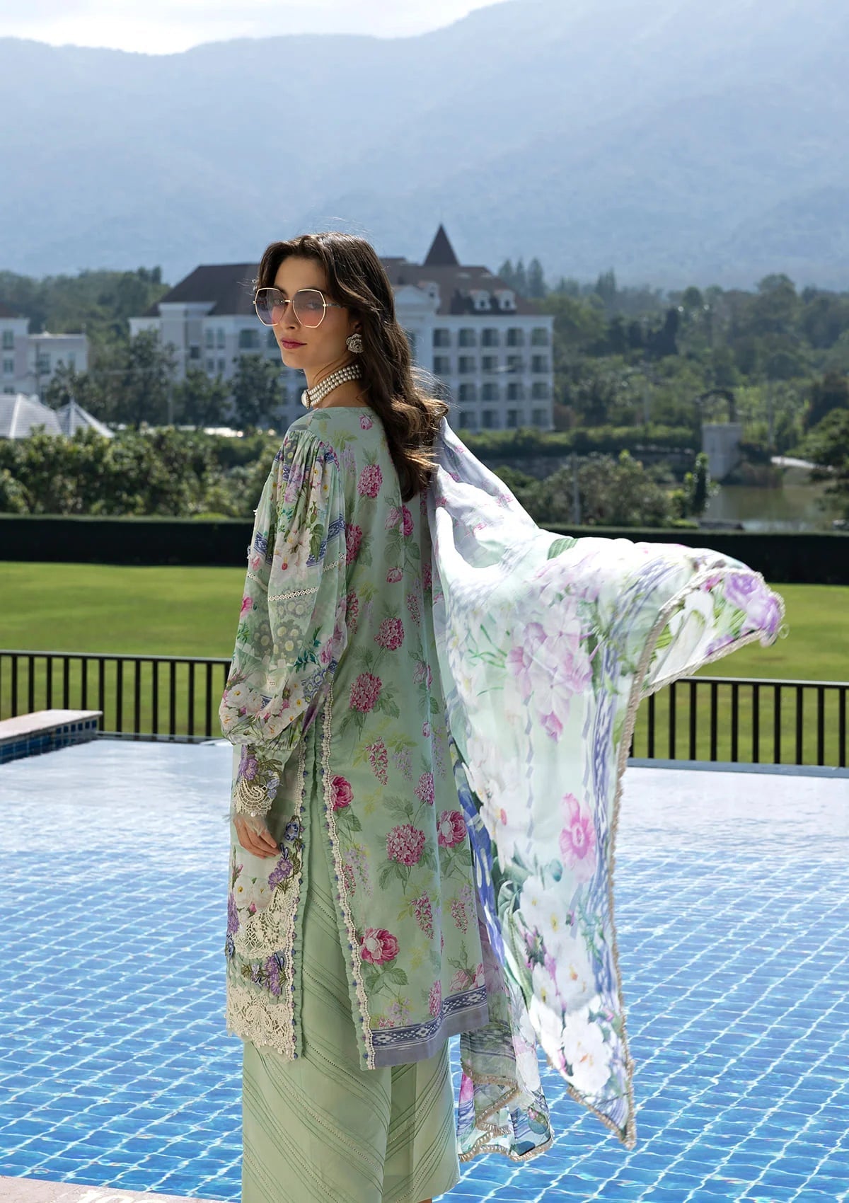Eveline Whisper - Digital printed lawn By Elaf lawn Pakistani suit front view M&M Couture USA