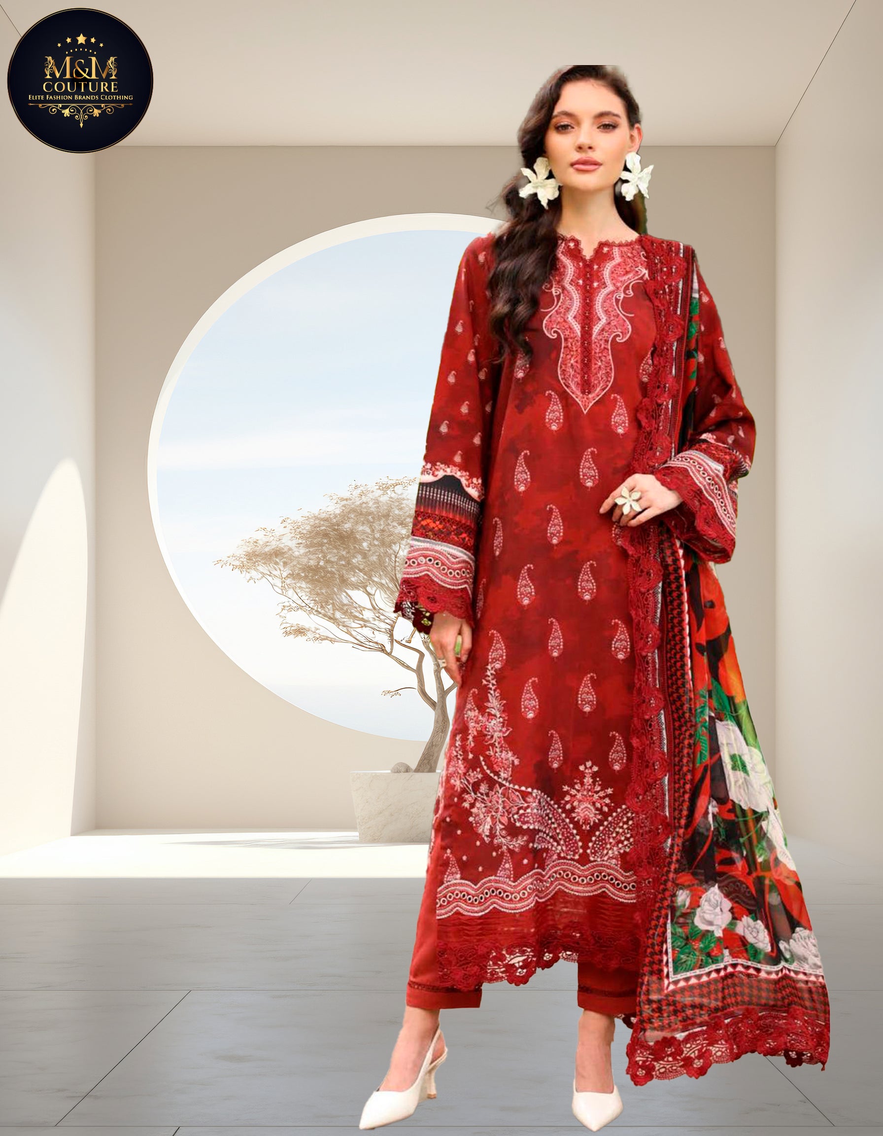 Signature Prints by Nureh Viscose Linen linen Pakistani suit front view M&M Couture USA