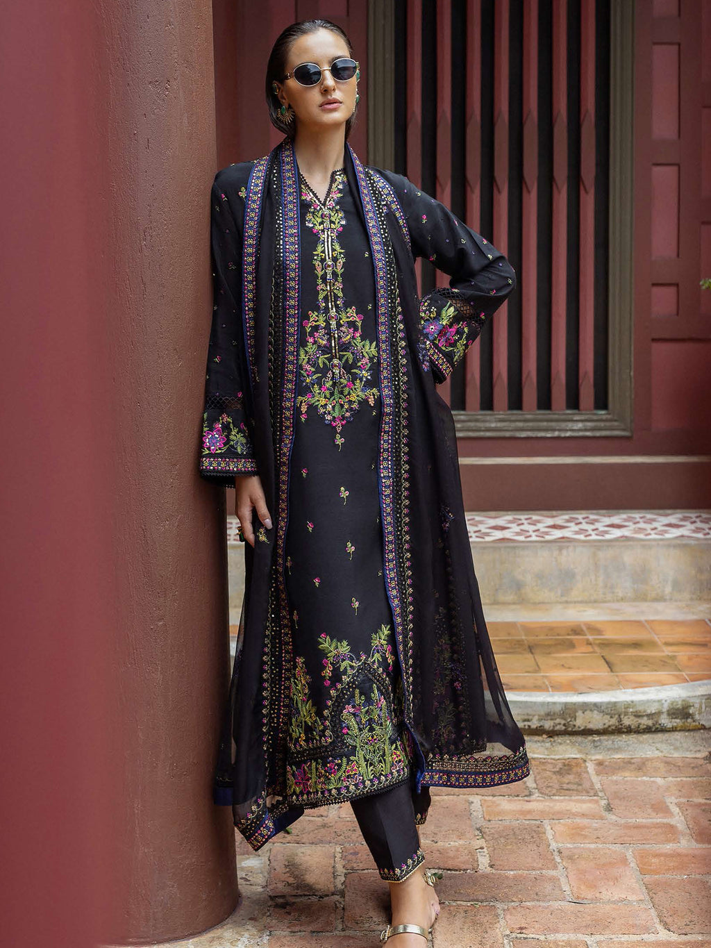 Silk "Nuvera" by Mushq silk Pakistani suit front view M&M Couture USA