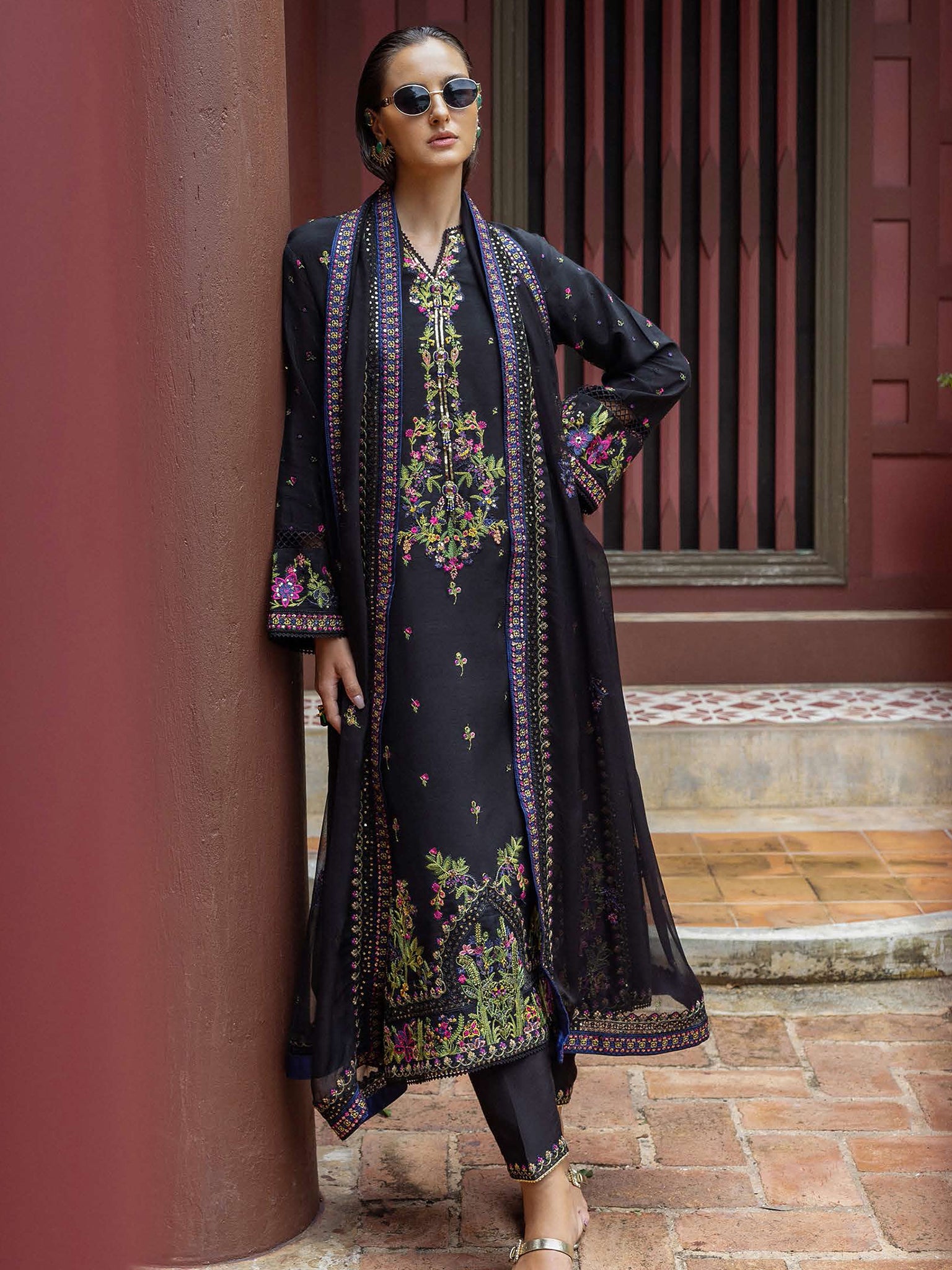 Silk "Nuvera" by Mushq silk Pakistani suit front view M&M Couture USA