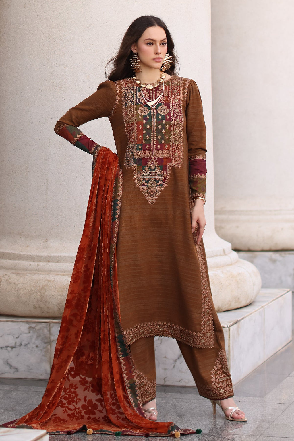 Poshima Embroidered  By Charizma Pakistani suit front view M&M Couture USA