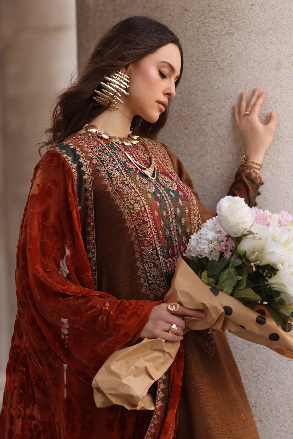 Poshima Embroidered  By Charizma Pakistani suit detail view M&M Couture USA