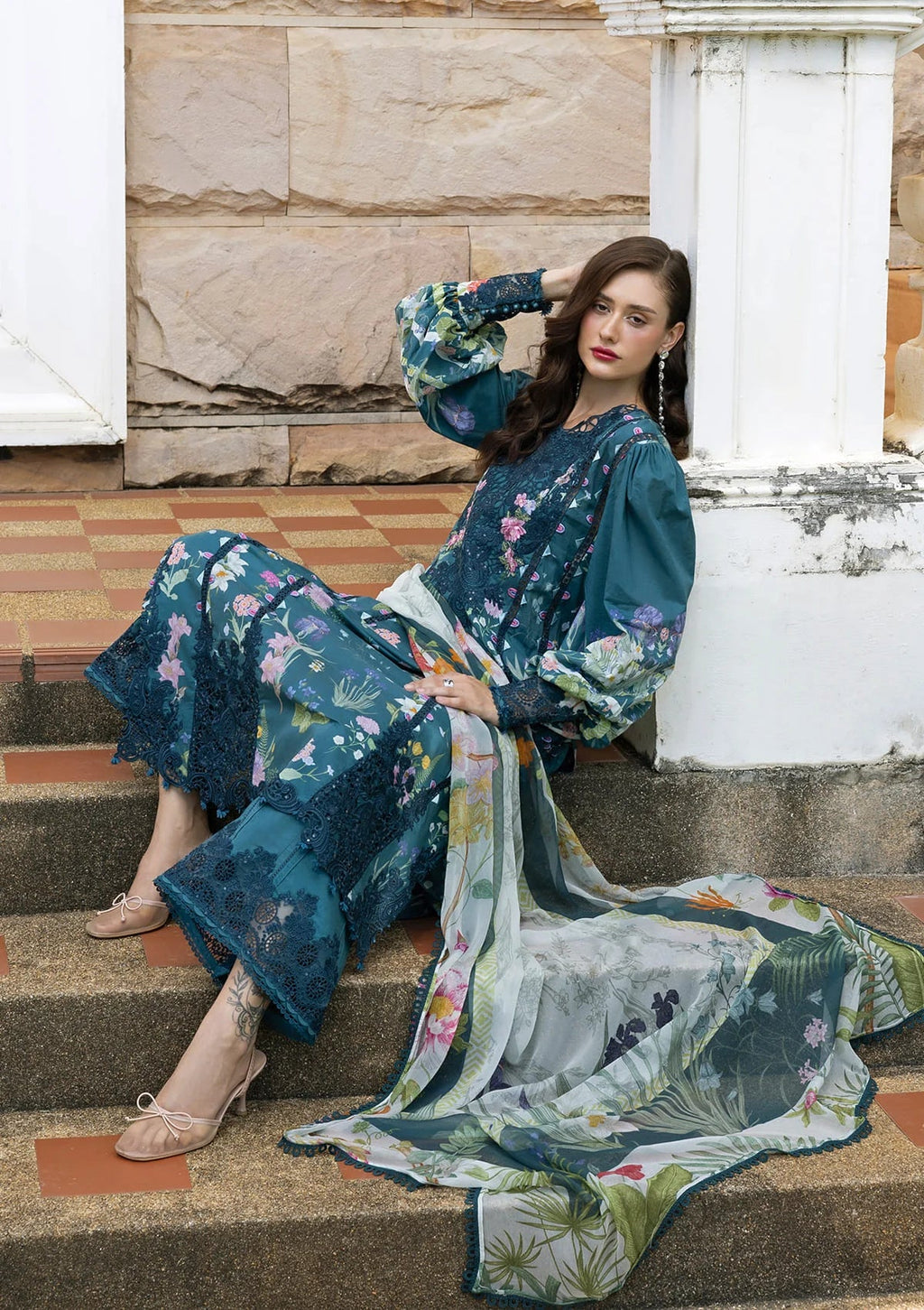 Oceana Veil - Digital printed lawn By Elaf lawn Pakistani suit dupatta view M&M Couture USA