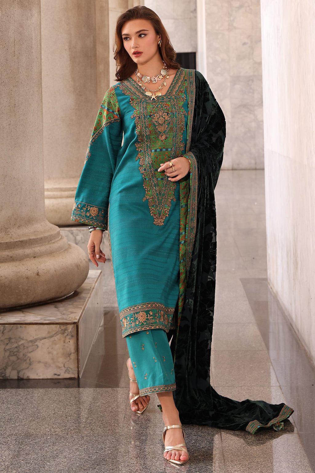 Poshima Embroidered  By Charizma Pakistani suit front view M&M Couture USA