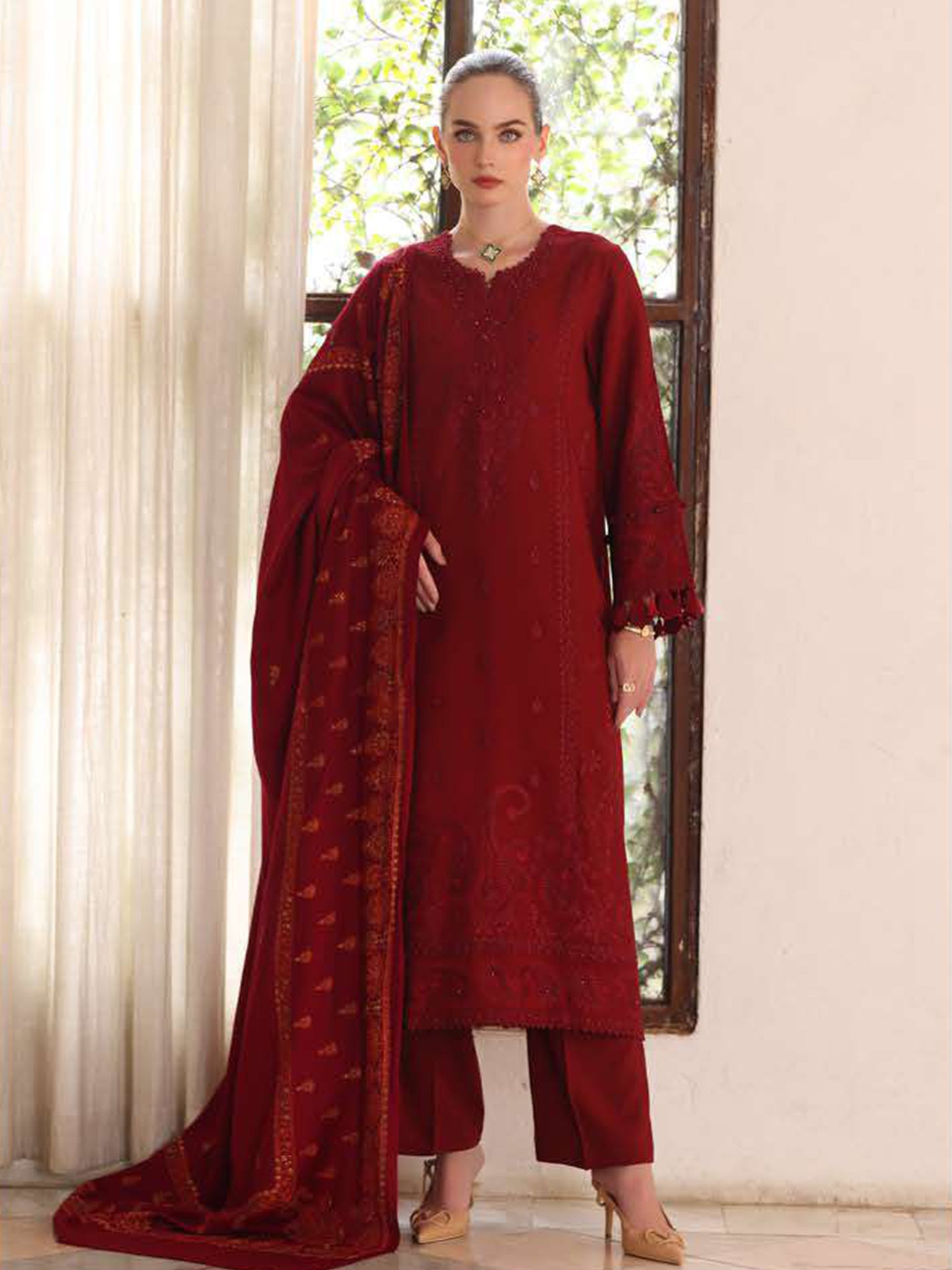 Noor Winter Pashmina by Saadia Asad Pakistani suit front view M&M Couture USA