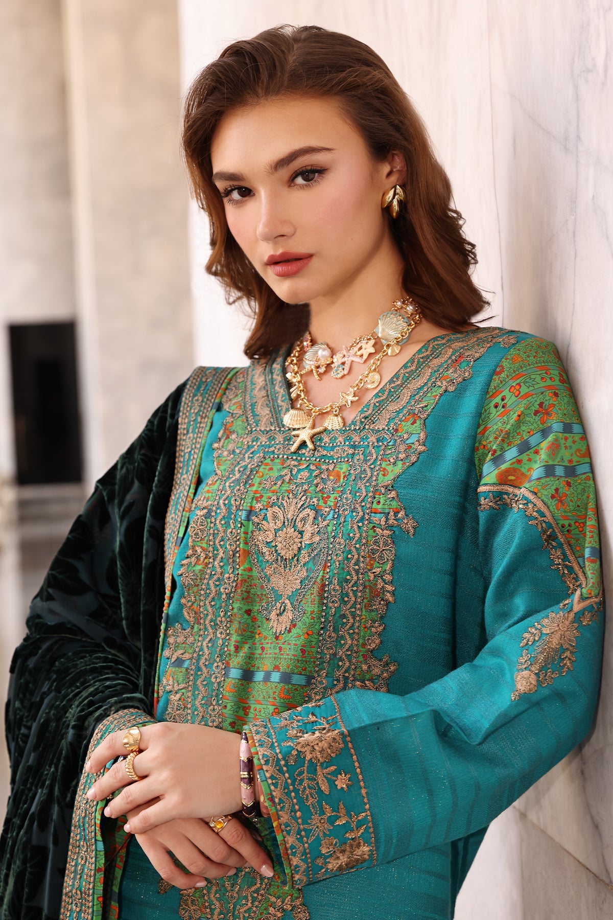 Poshima Embroidered  By Charizma Pakistani suit detail view M&M Couture USA