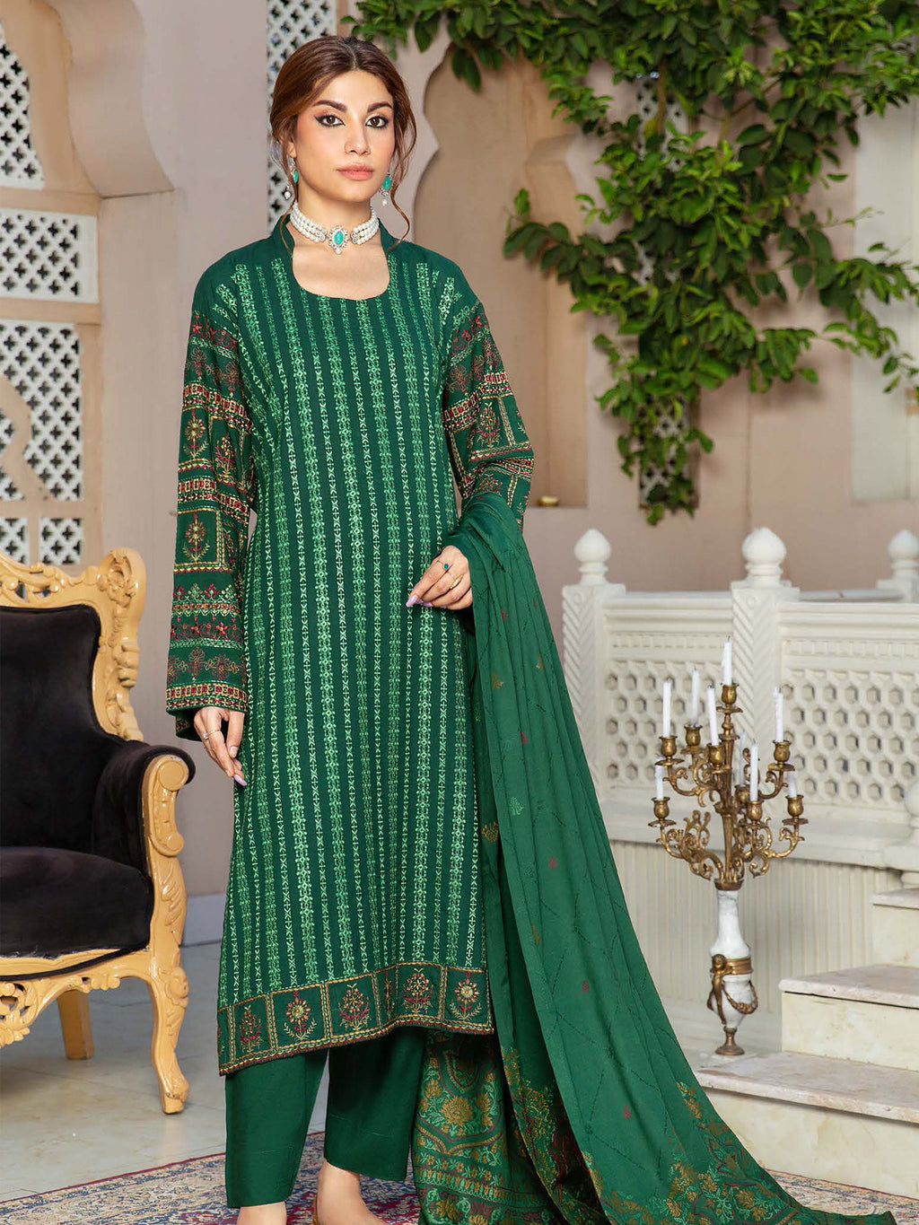 Swiss Wool "Husan-e-Jahan" by Khoobsurat Pakistani suit front view M&M Couture USA