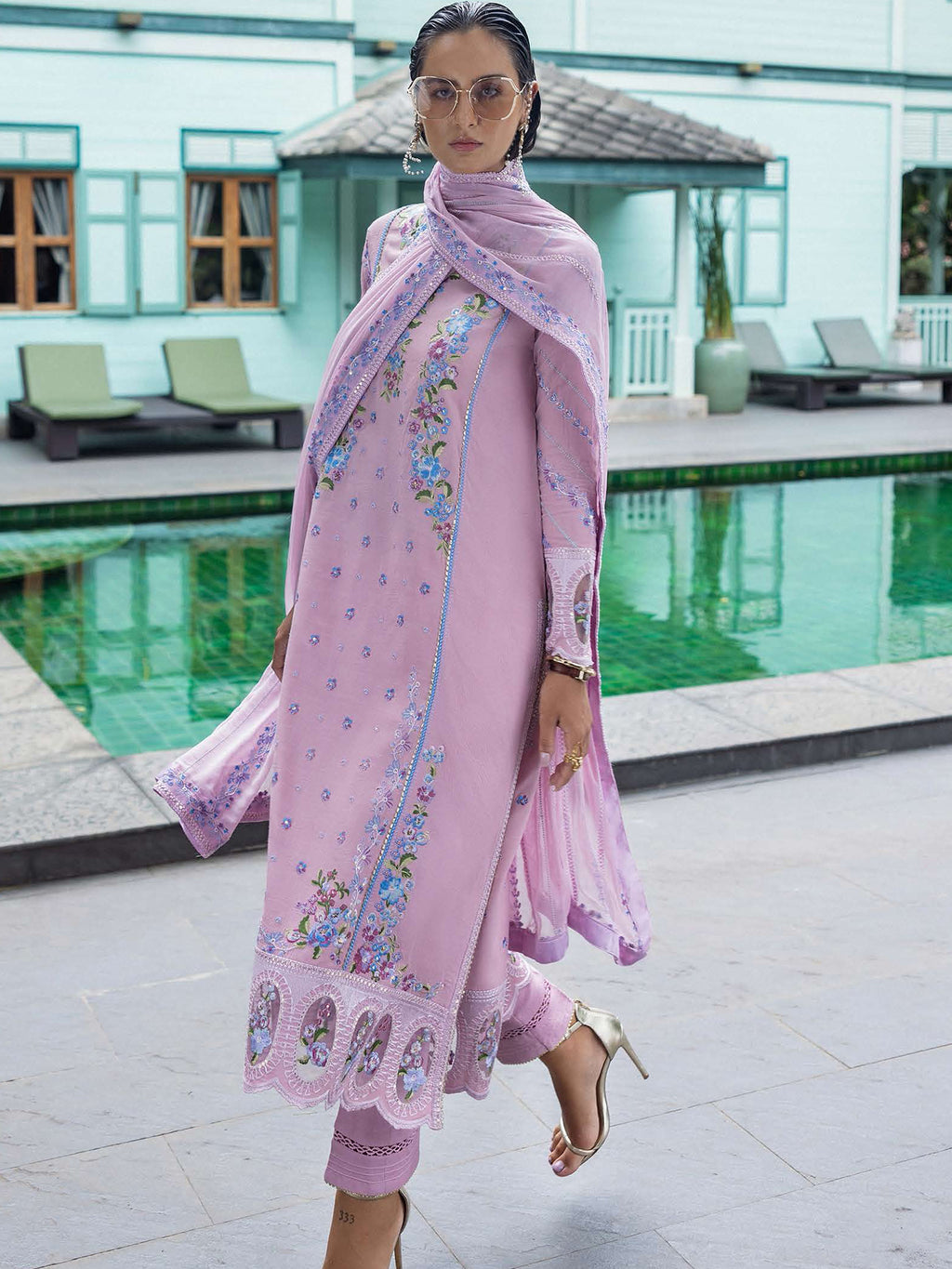 Silk "Nuvera" by Mushq silk Pakistani suit front view M&M Couture USA