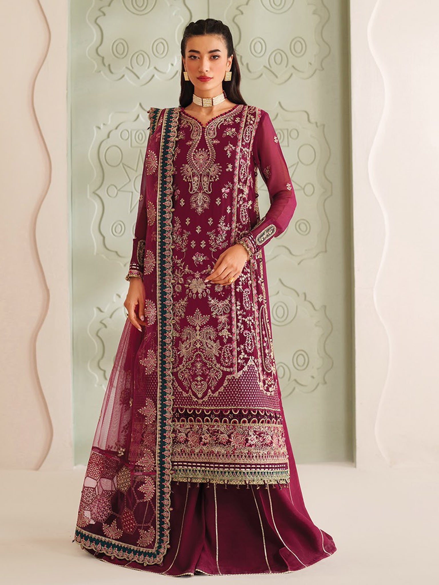 Chiffon "Zeyara" Neorah By Xenia chiffon Pakistani suit front view M&M Couture USA
