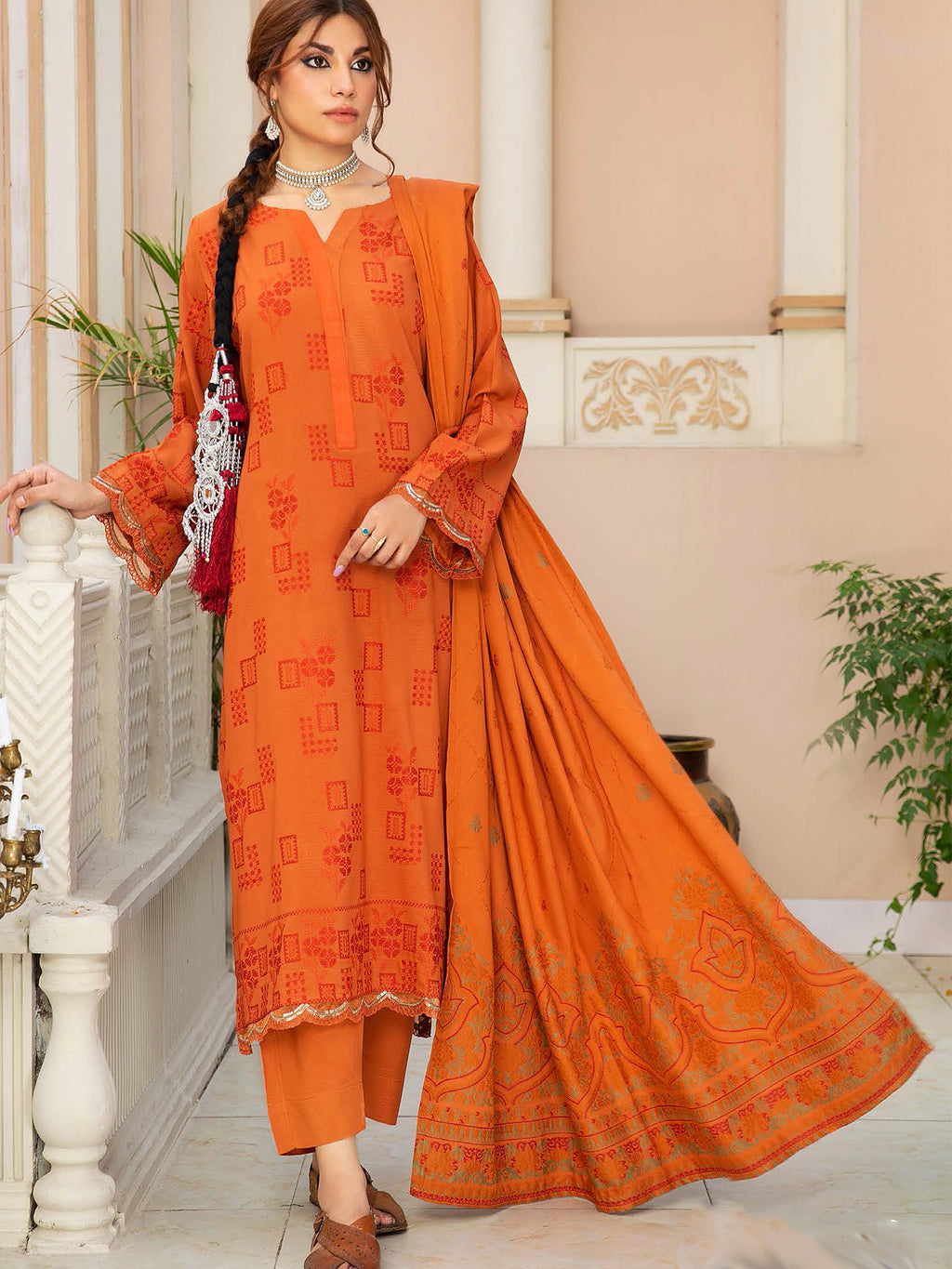Swiss Wool "Husan-e-Jahan" by Khoobsurat Pakistani suit front view M&M Couture USA