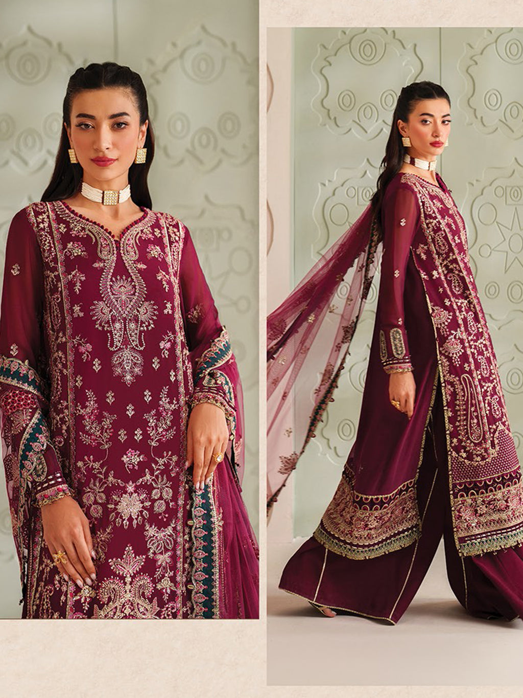 Chiffon "Zeyara" Neorah By Xenia chiffon Pakistani suit detail view M&M Couture USA