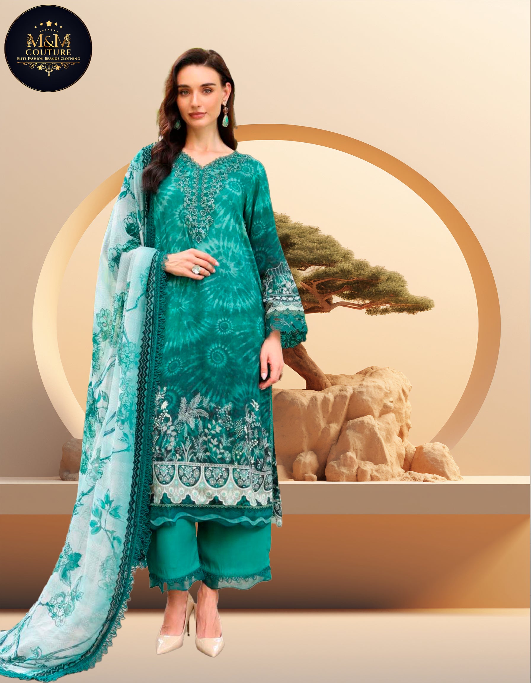 Signature Prints by Nureh Viscose Linen linen Pakistani suit front view M&M Couture USA