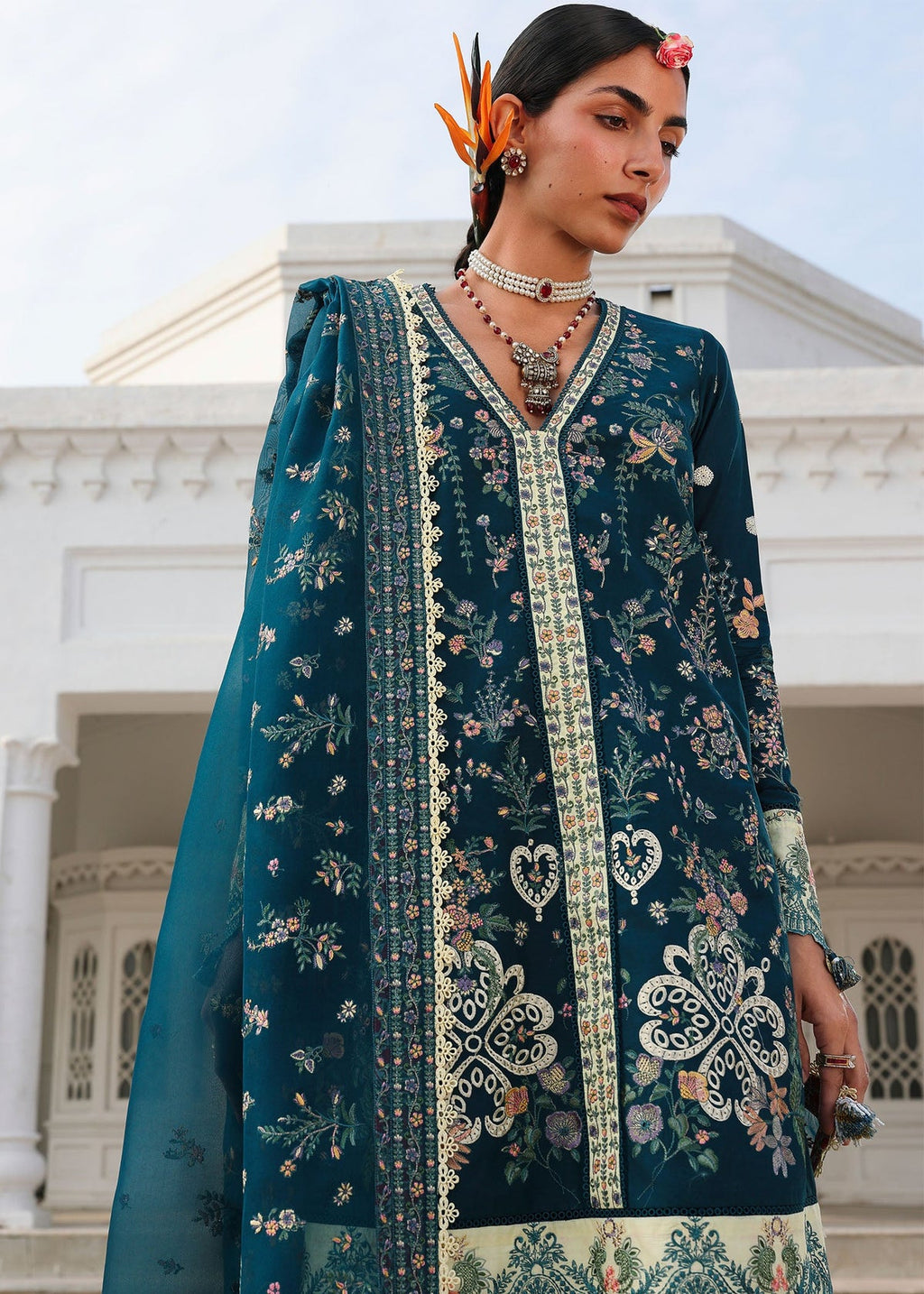 Azraq | Luxury lawn Hussain Rehar lawn Pakistani suit detail view M&M Couture USA