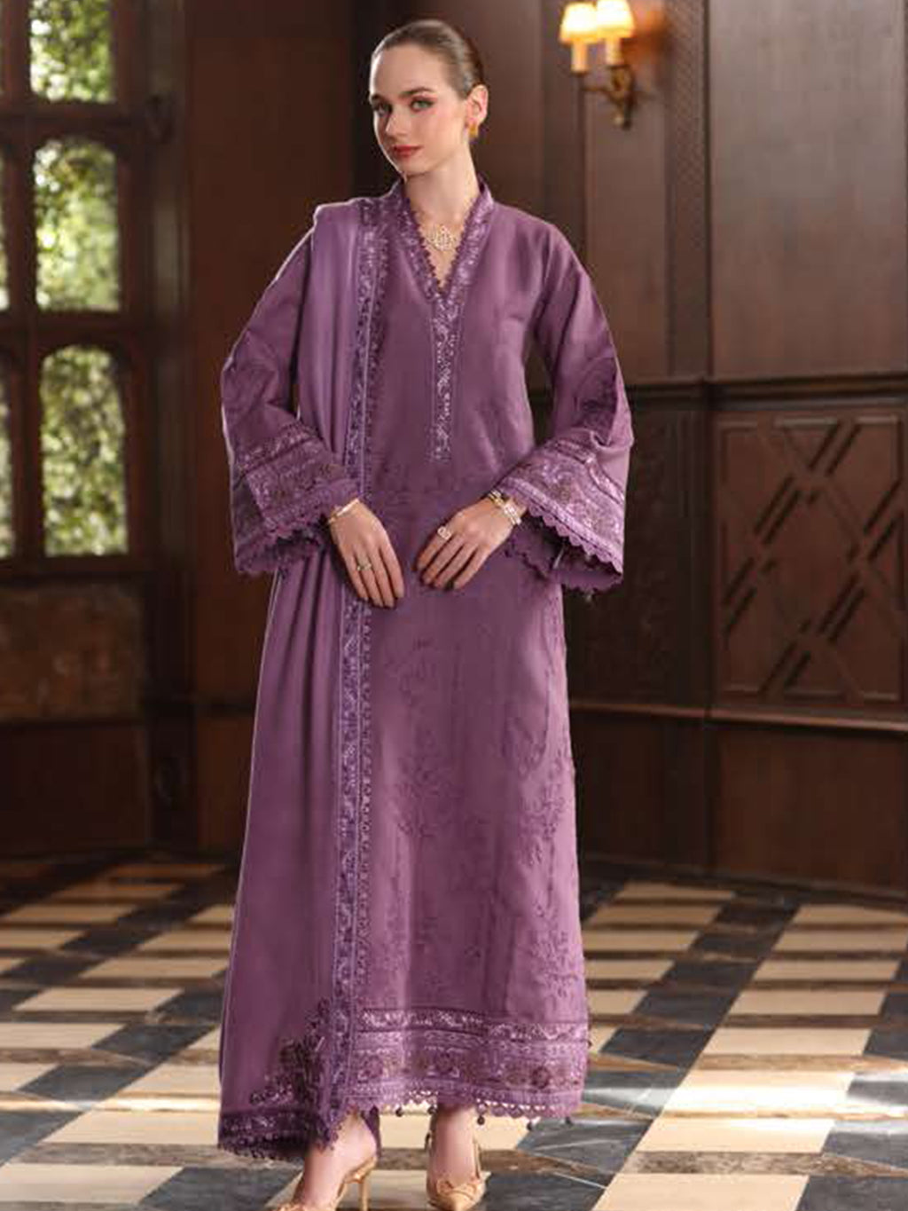 Noor Winter Pashmina by Saadia Asad Pakistani suit front view M&M Couture USA