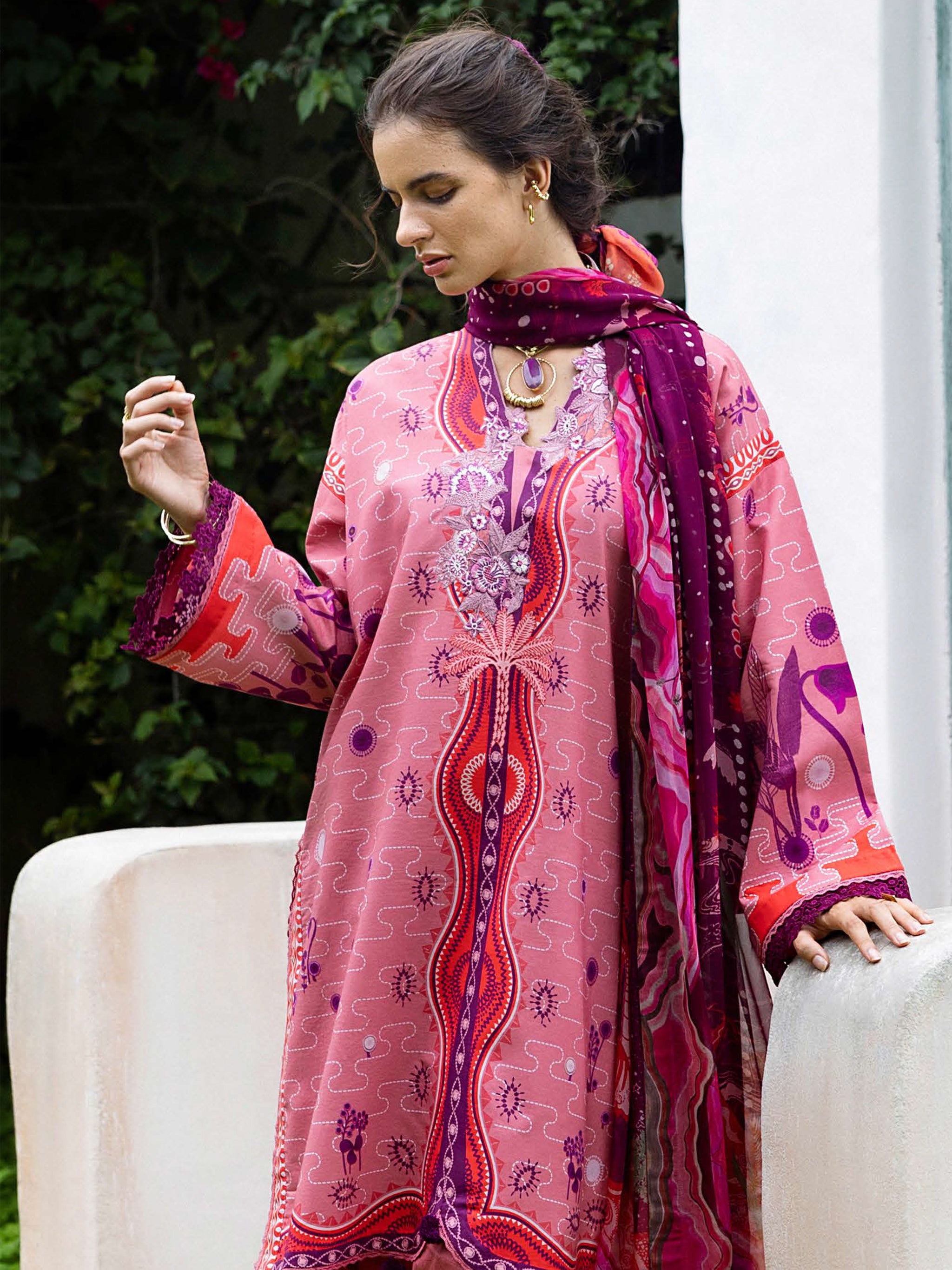 Cambric Cotton – “Coral Mar” by Mushq cotton Pakistani suit detail view M&M Couture USA