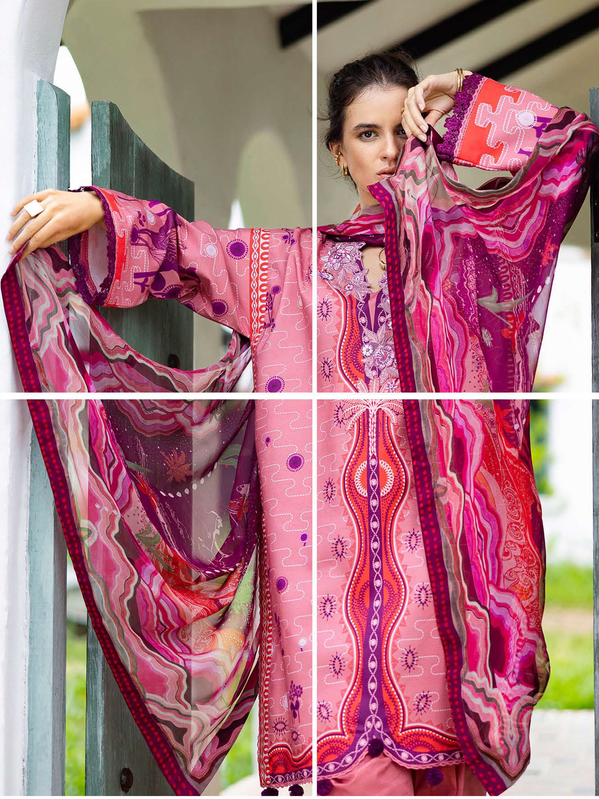 Cambric Cotton – “Coral Mar” by Mushq cotton Pakistani suit dupatta view M&M Couture USA