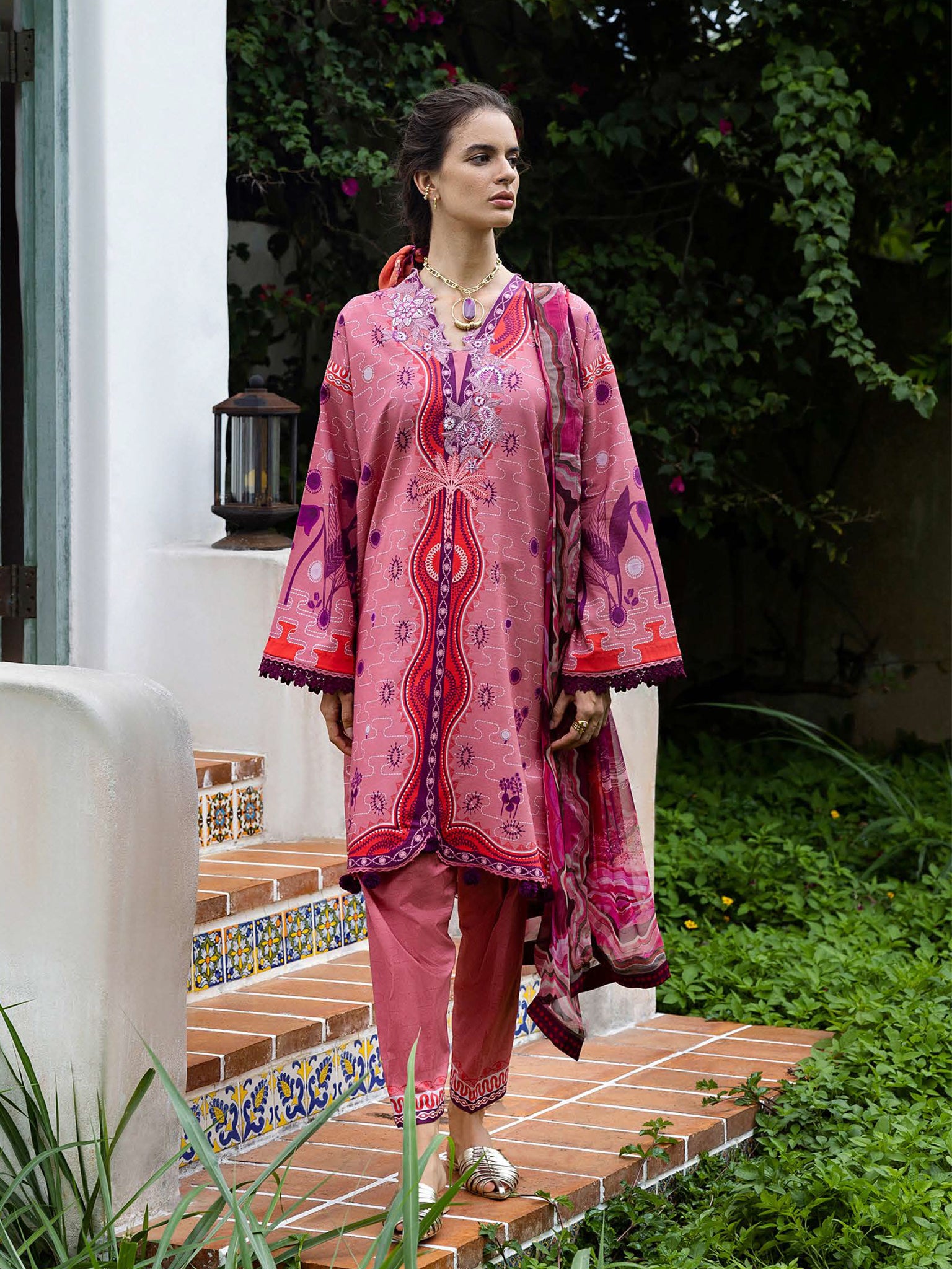 Cambric Cotton – “Coral Mar” by Mushq cotton Pakistani suit front view M&M Couture USA
