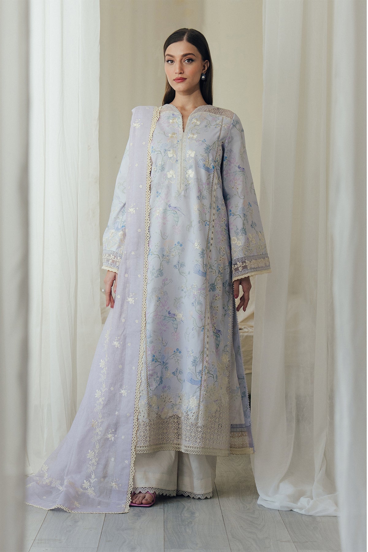 DoveMist | Daybreak By Afrozeh Pakistani suit front view M&M Couture USA
