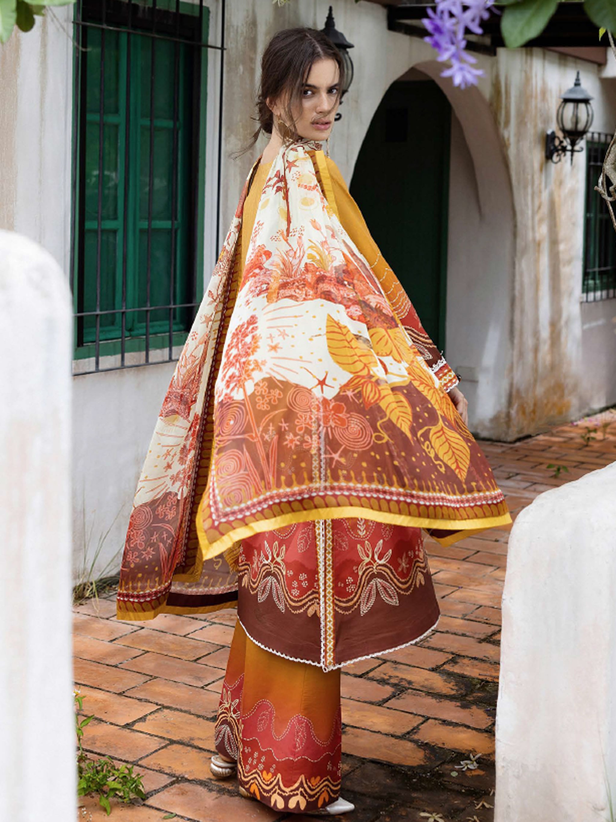 Cambric Cotton – “Desierto Sol” by Mushq cotton Pakistani suit detail view M&M Couture USA