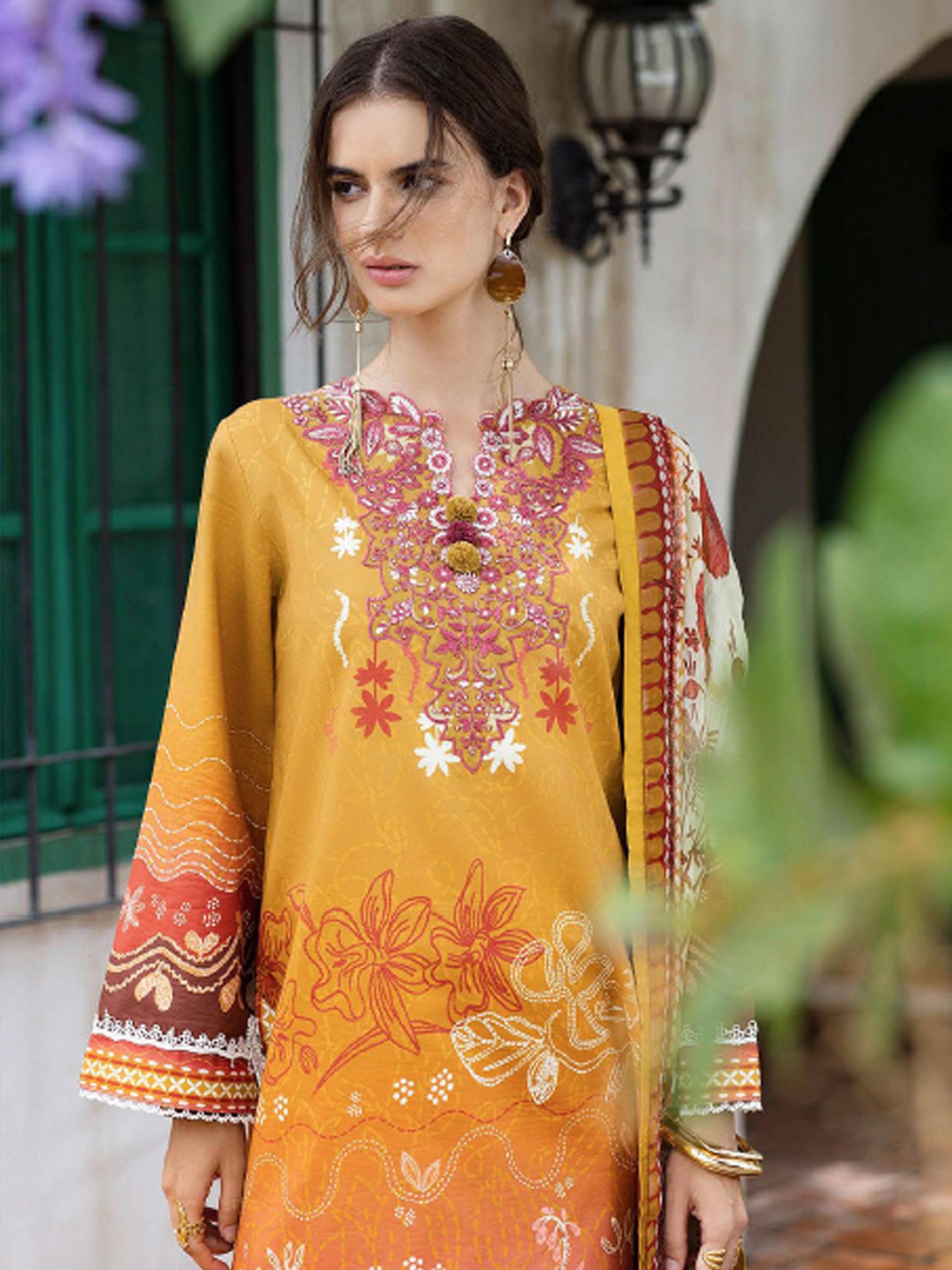 Cambric Cotton – “Desierto Sol” by Mushq cotton Pakistani suit dupatta view M&M Couture USA