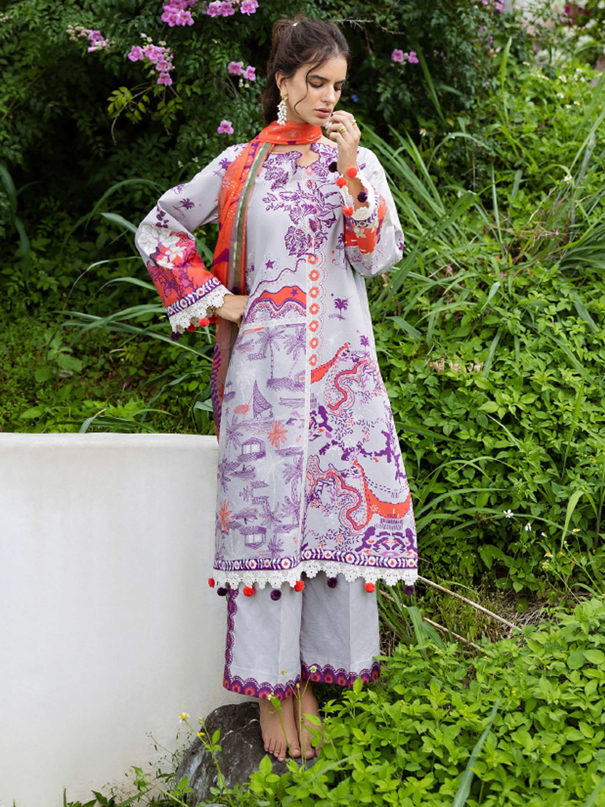 Cambric Cotton – “Luna Plata” by Mushq cotton Pakistani suit front view M&M Couture USA