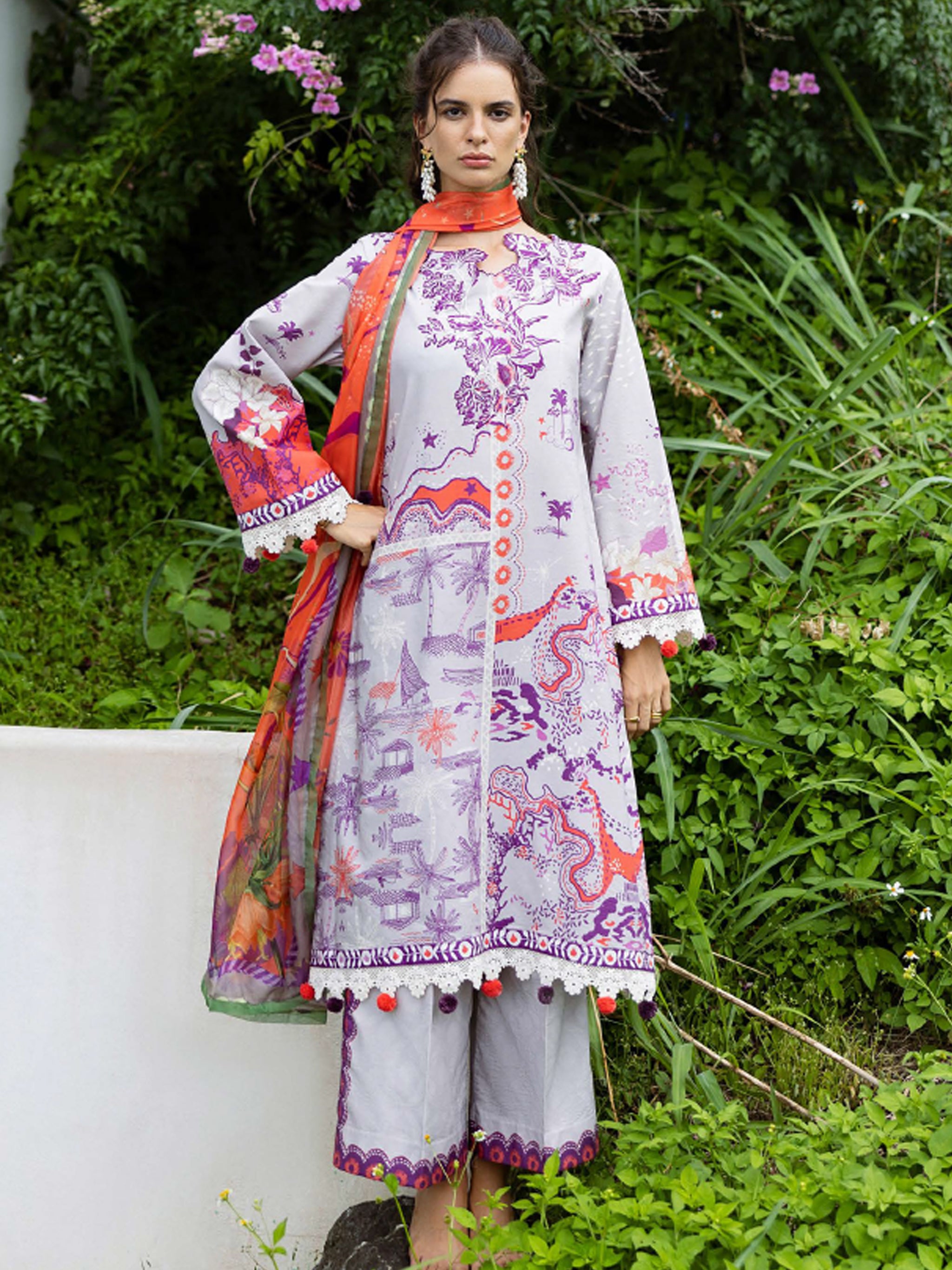 Cambric Cotton – “Luna Plata” by Mushq cotton Pakistani suit detail view M&M Couture USA