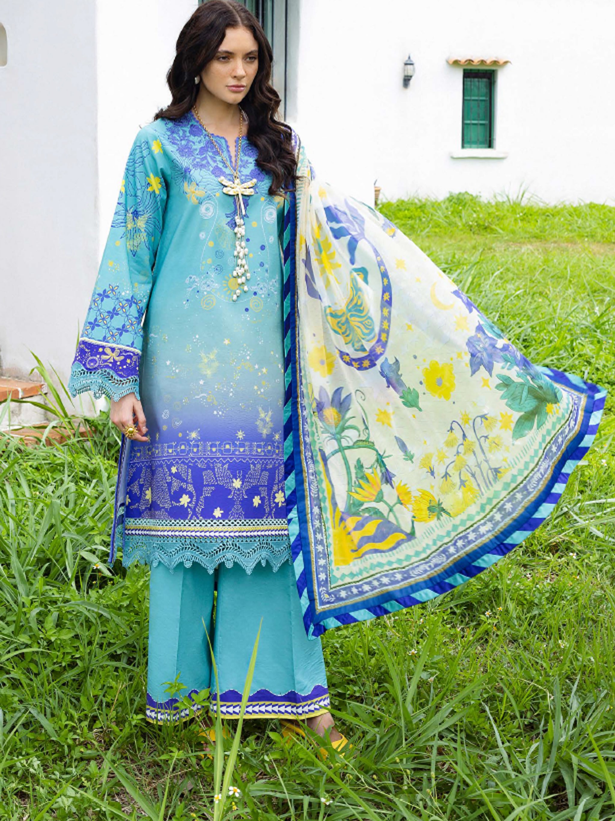 Cambric Cotton – “Mar Azul” by Mushq cotton Pakistani suit front view M&M Couture USA