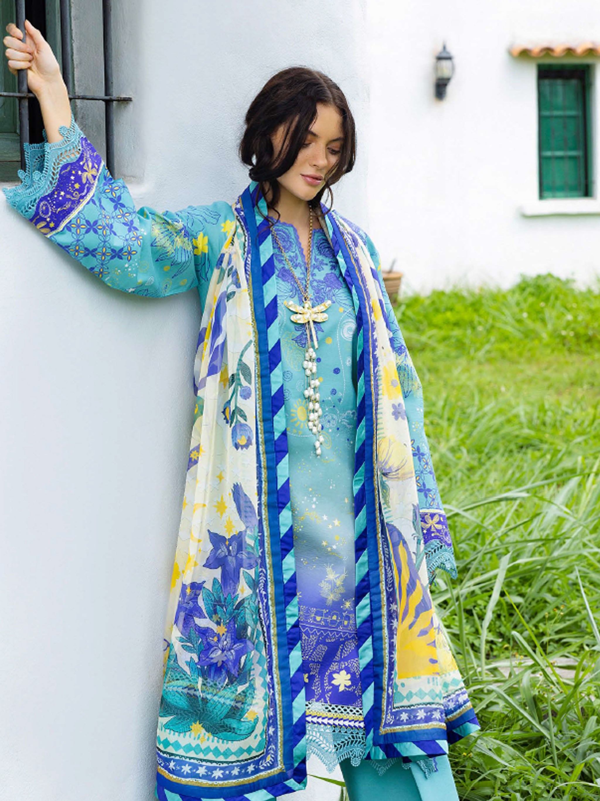 Cambric Cotton – “Mar Azul” by Mushq cotton Pakistani suit detail view M&M Couture USA