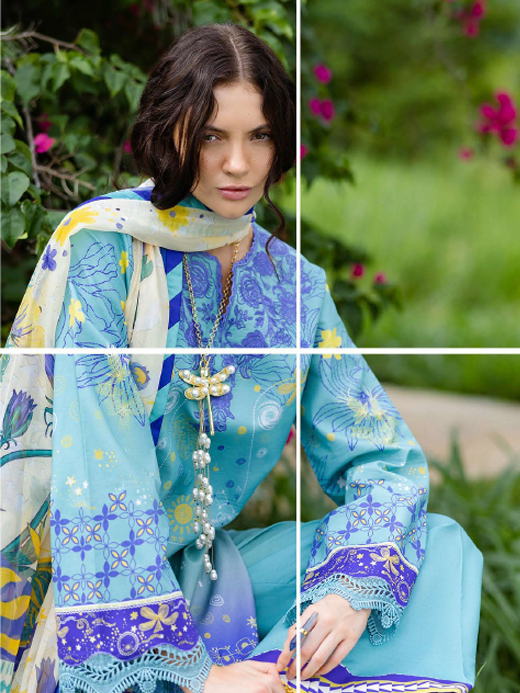 Cambric Cotton – “Mar Azul” by Mushq cotton Pakistani suit dupatta view M&M Couture USA