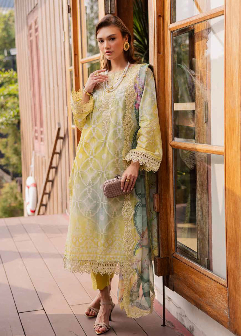 Gardenia Embroidered Lawn By Nureh lawn Pakistani suit dupatta view M&M Couture USA