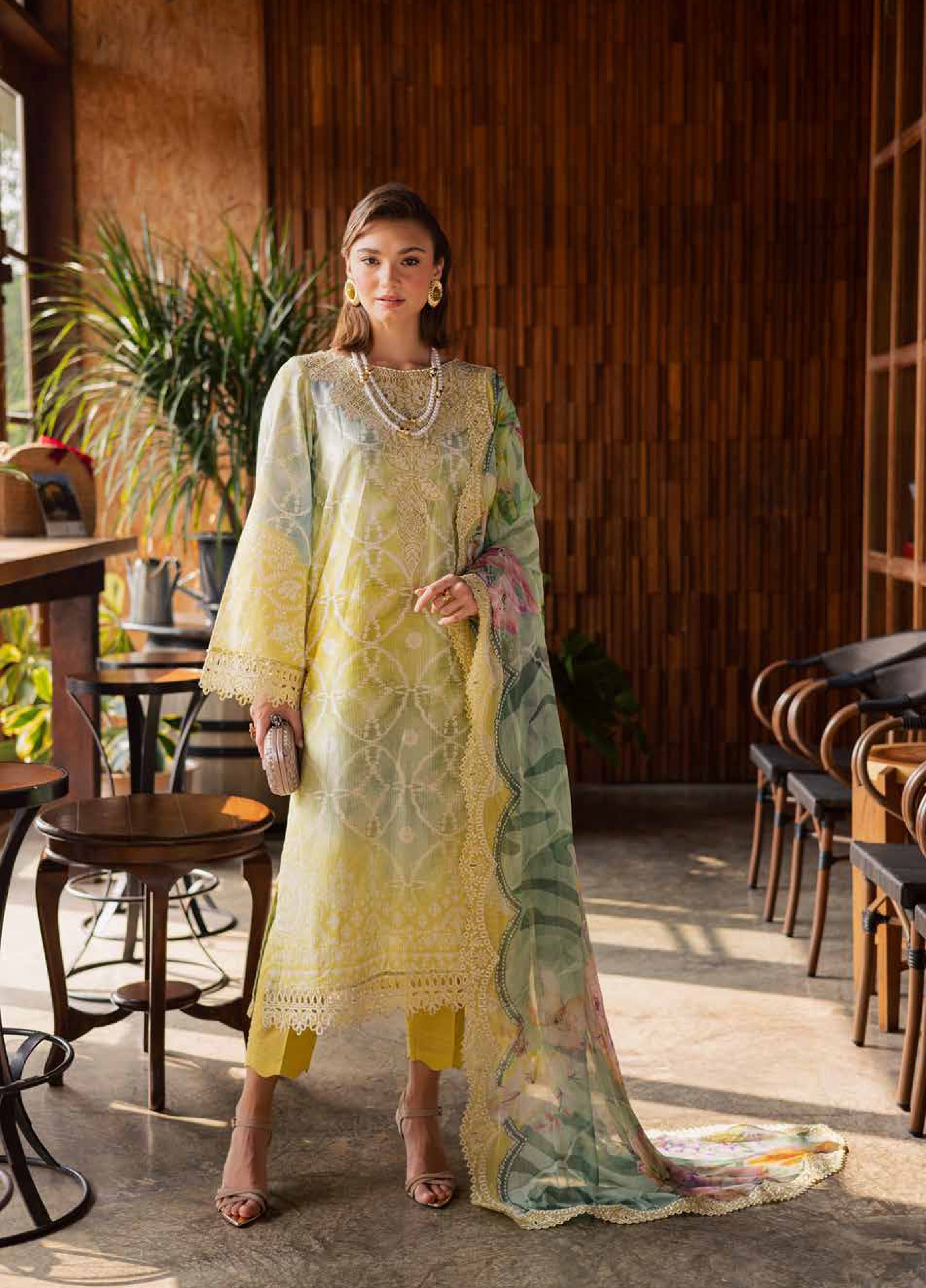 Gardenia Embroidered Lawn By Nureh lawn Pakistani suit front view M&M Couture USA