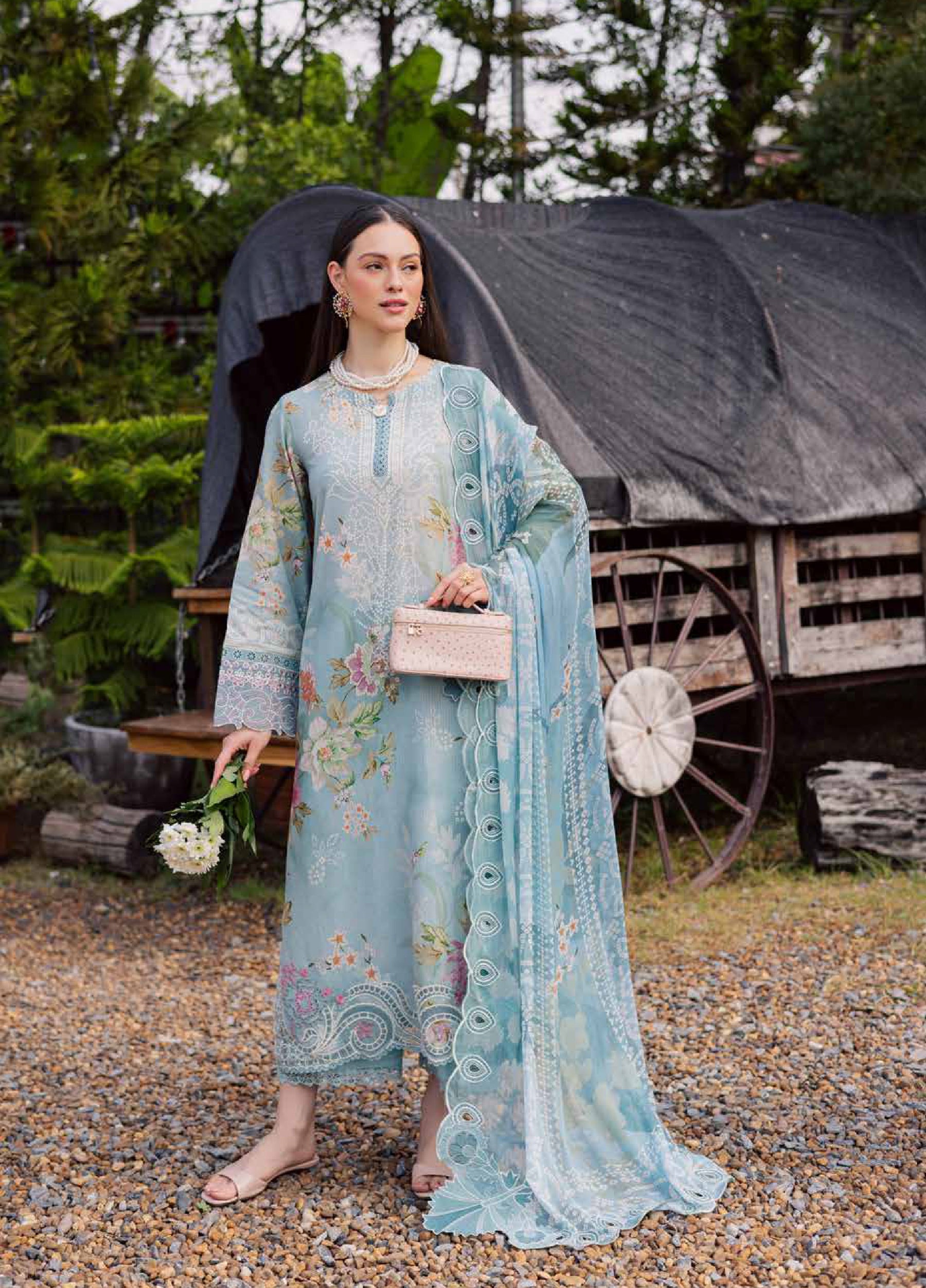 Gardenia Embroidered Lawn By Nureh lawn Pakistani suit dupatta view M&M Couture USA