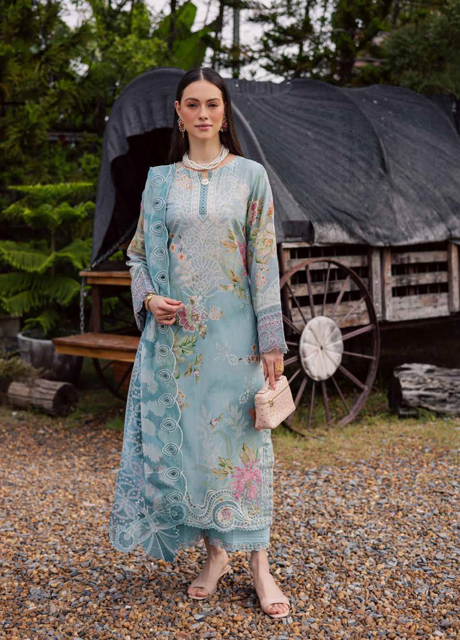 Gardenia Embroidered Lawn By Nureh lawn Pakistani suit front view M&M Couture USA