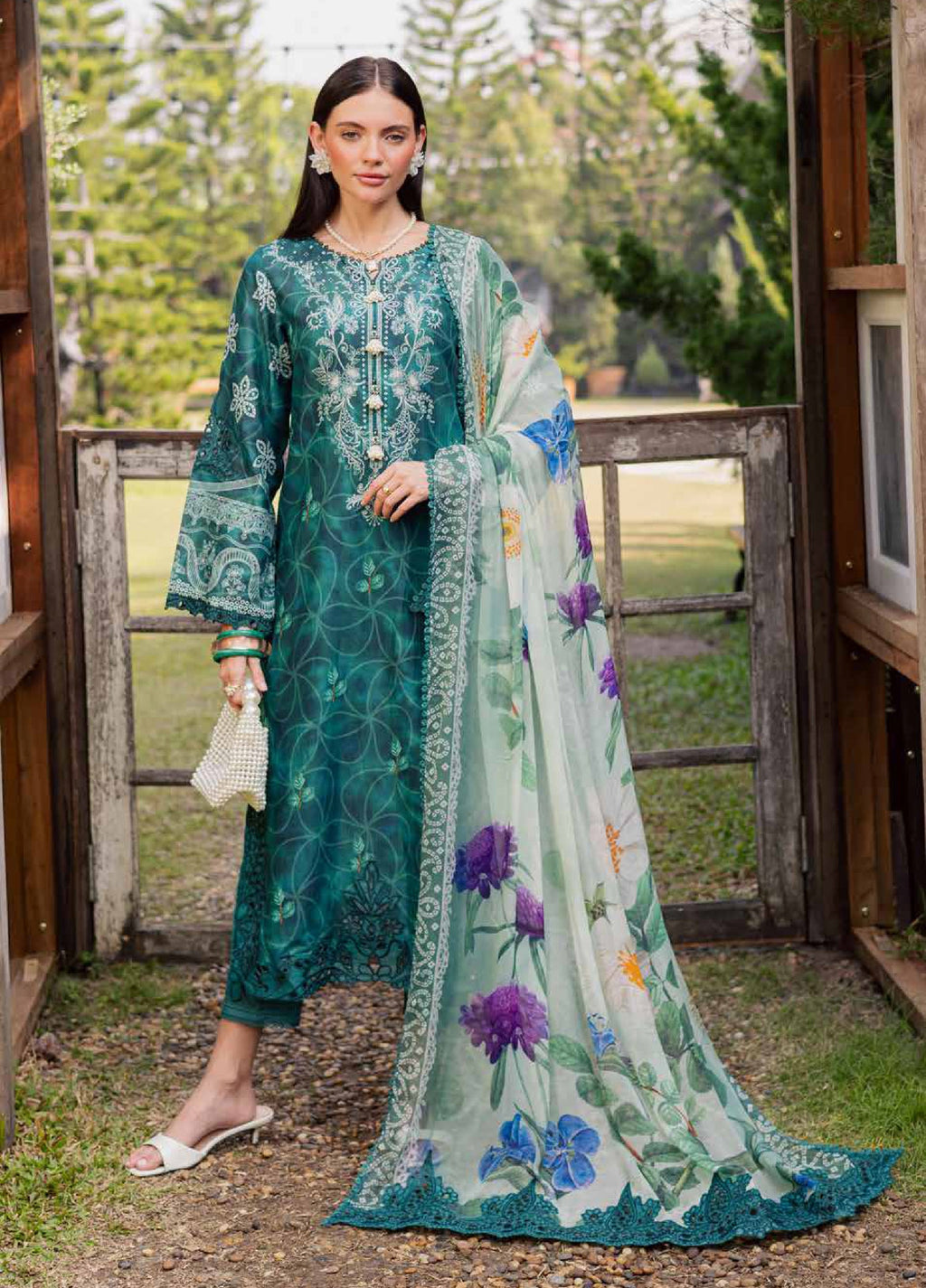 Gardenia Embroidered Lawn By Nureh lawn Pakistani suit front view M&M Couture USA